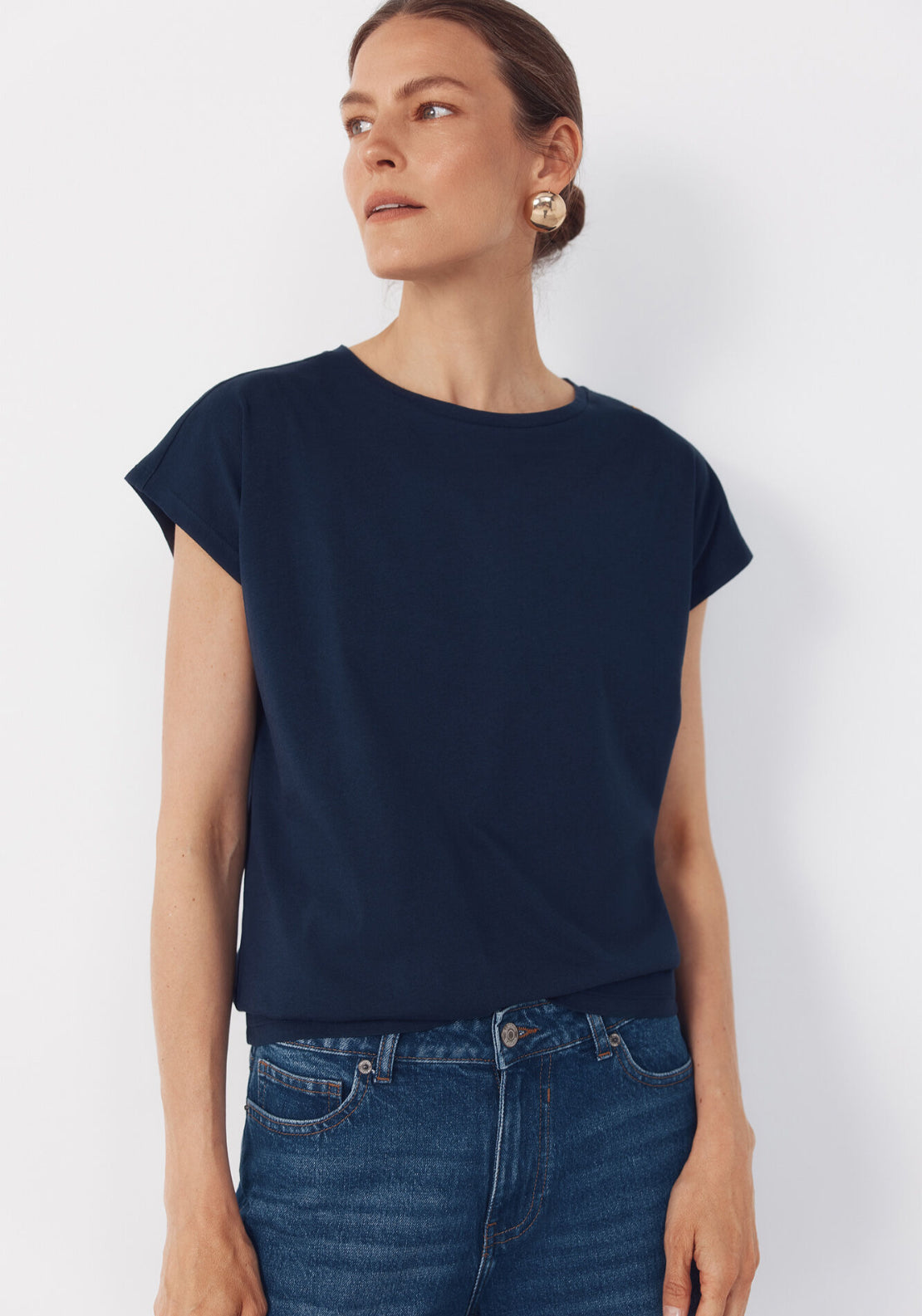 Cortefiel Basic Cotton T-Shirt With Gold Buttons - Navy 1 Shaws Department Stores