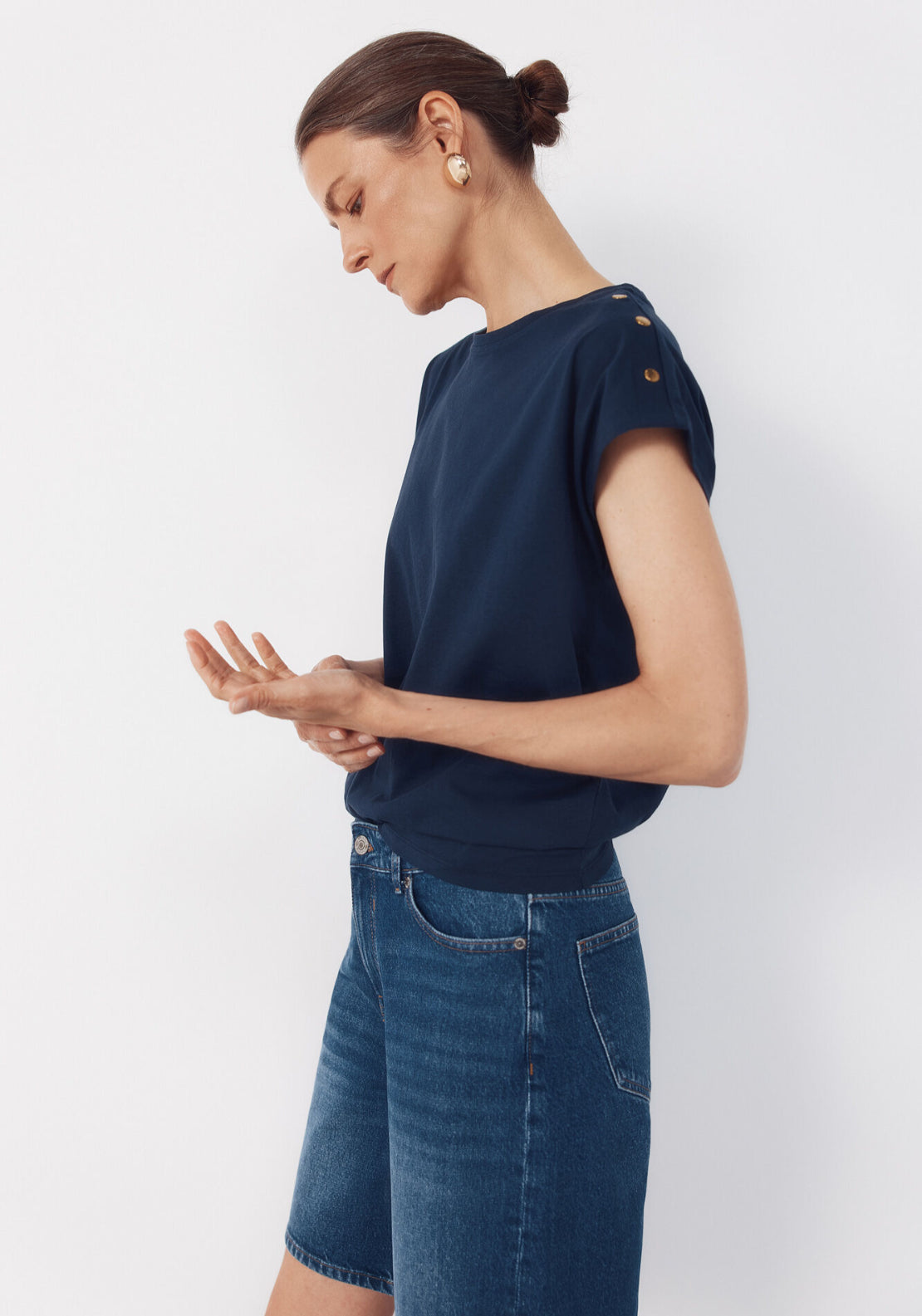 Cortefiel Basic Cotton T-Shirt With Gold Buttons - Navy 3 Shaws Department Stores