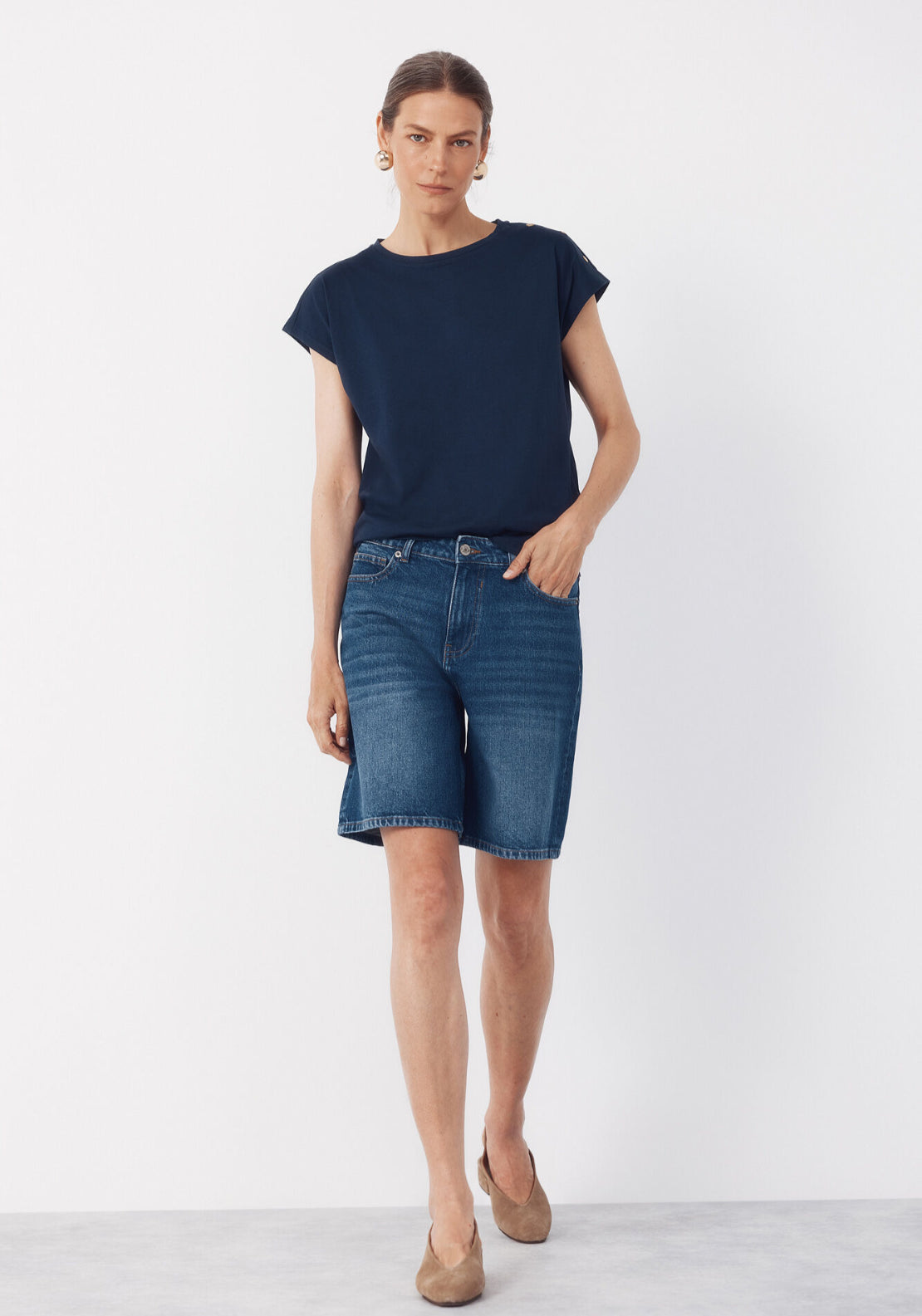 Cortefiel Basic Cotton T-Shirt With Gold Buttons - Navy 4 Shaws Department Stores
