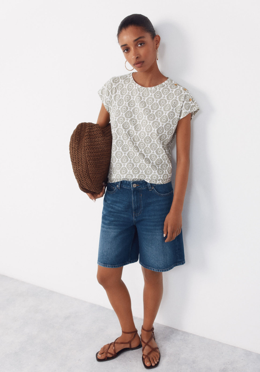 Cortefiel Basic Cotton T-Shirt With Gold Buttons - Brown Print 4 Shaws Department Stores