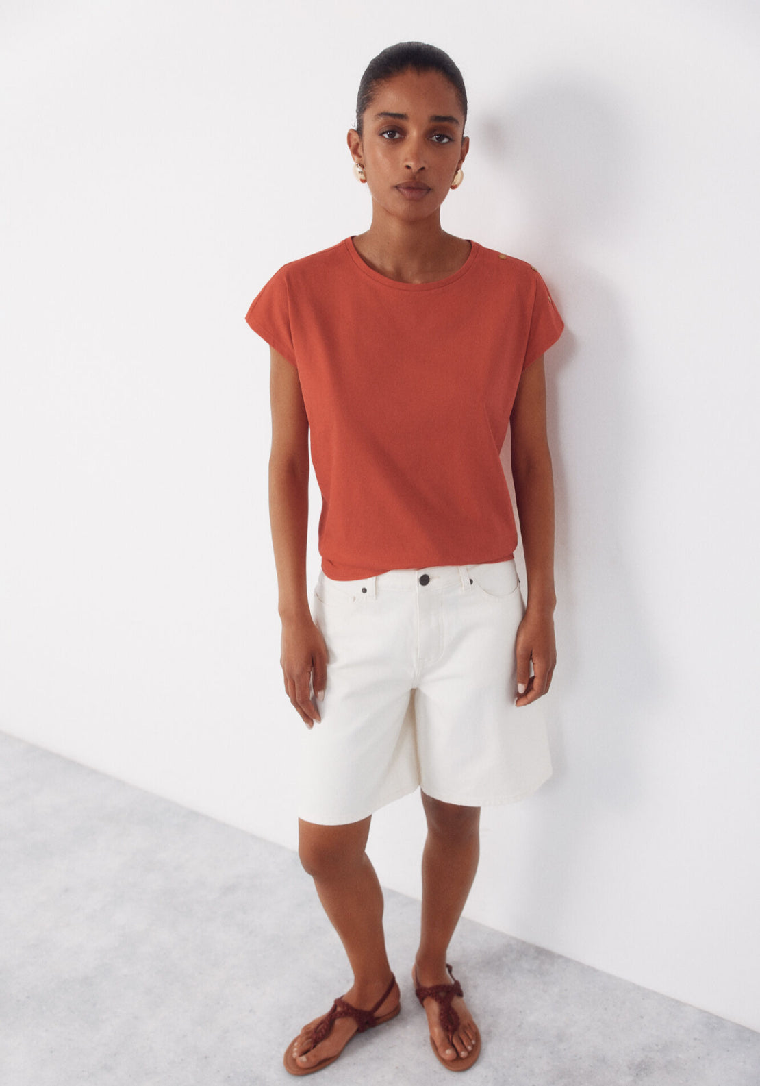 Cortefiel Basic Cotton T-Shirt With Gold Buttons - Red/coral 4 Shaws Department Stores