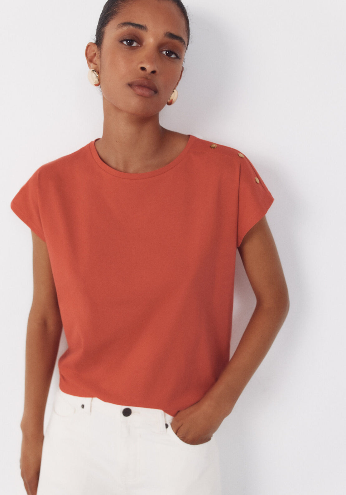 Cortefiel Basic Cotton T-Shirt With Gold Buttons - Red/coral 1 Shaws Department Stores