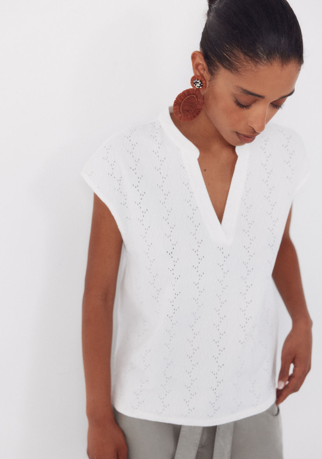 Cortefiel Openwork Jersey-Knit T-Shirt - White 1 Shaws Department Stores