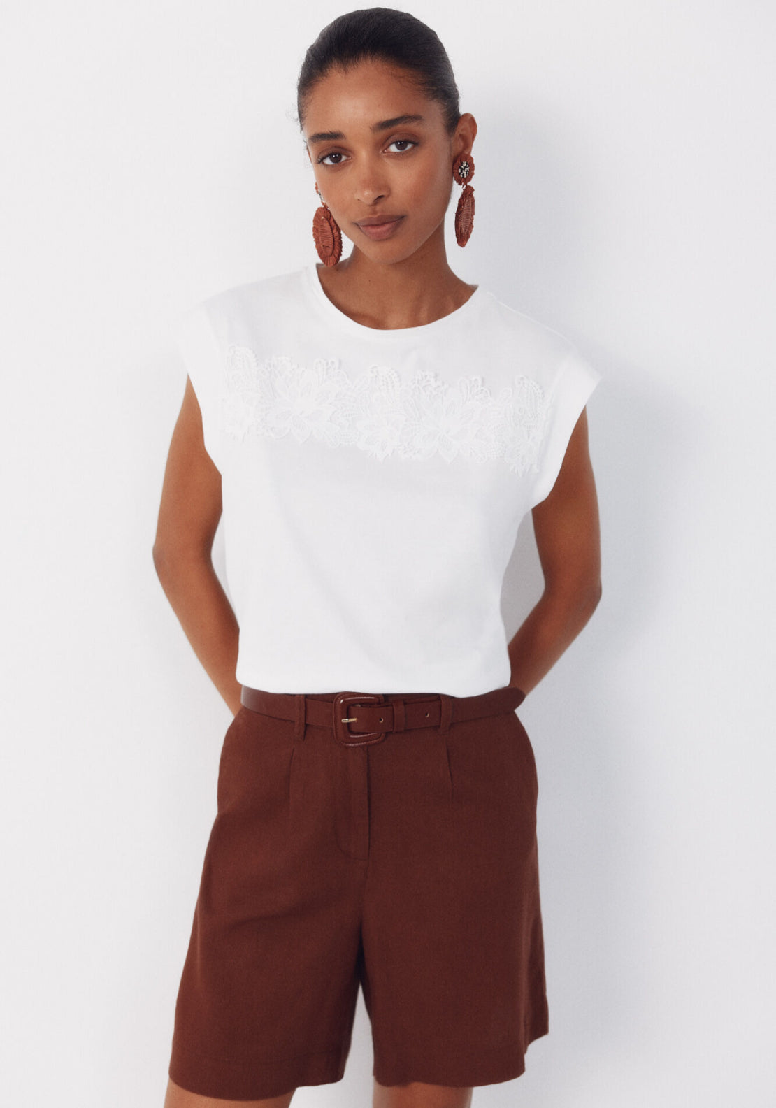 Cortefiel Floral Crochet Ribbon Cotton T-Shirt - White 1 Shaws Department Stores
