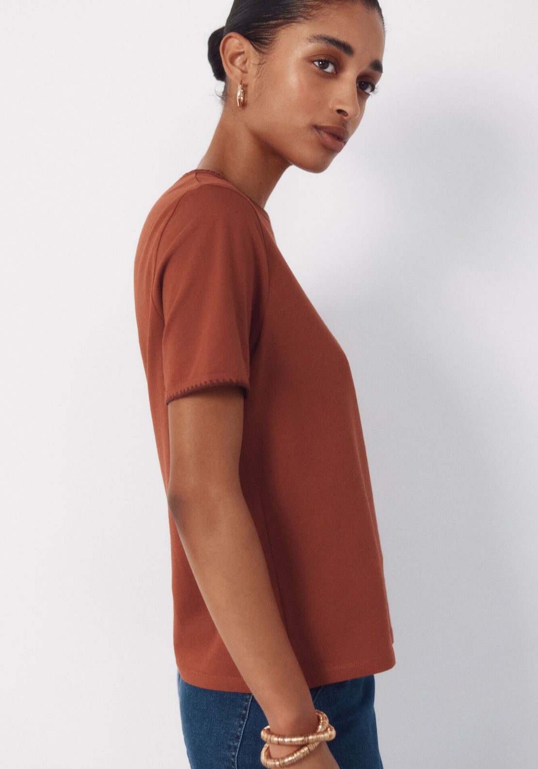 Cortefiel Embroidered Cotton T-Shirt - Brown 3 Shaws Department Stores