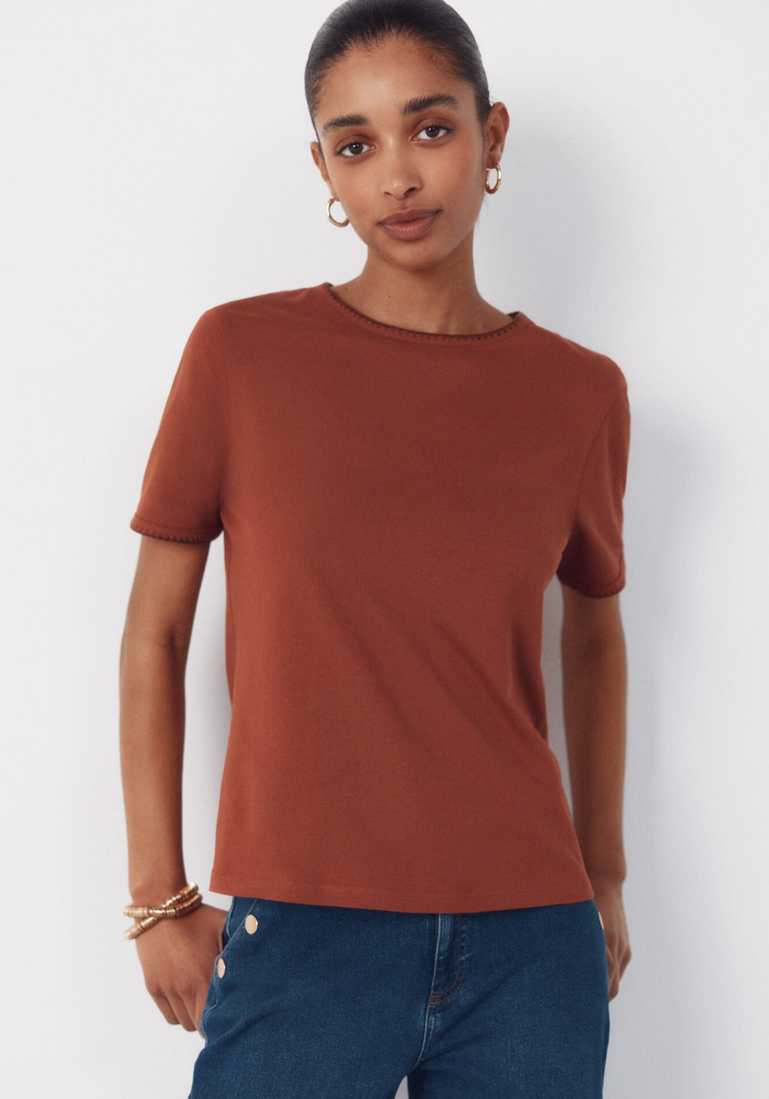 Cortefiel Embroidered Cotton T-Shirt - Brown 1 Shaws Department Stores
