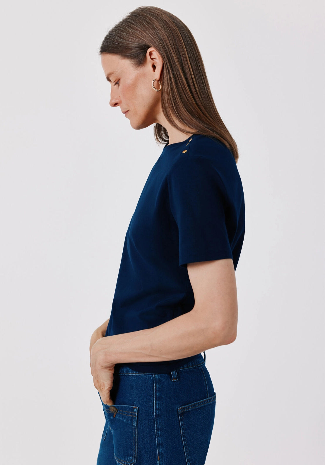 Gold button basic T-shirt - Navy