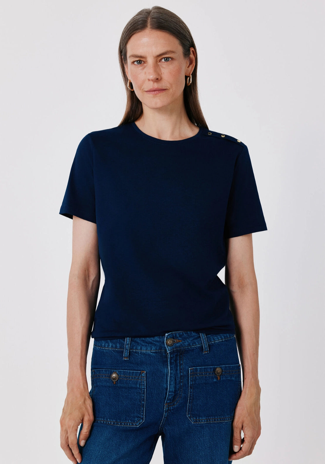 Gold button basic T-shirt - Navy