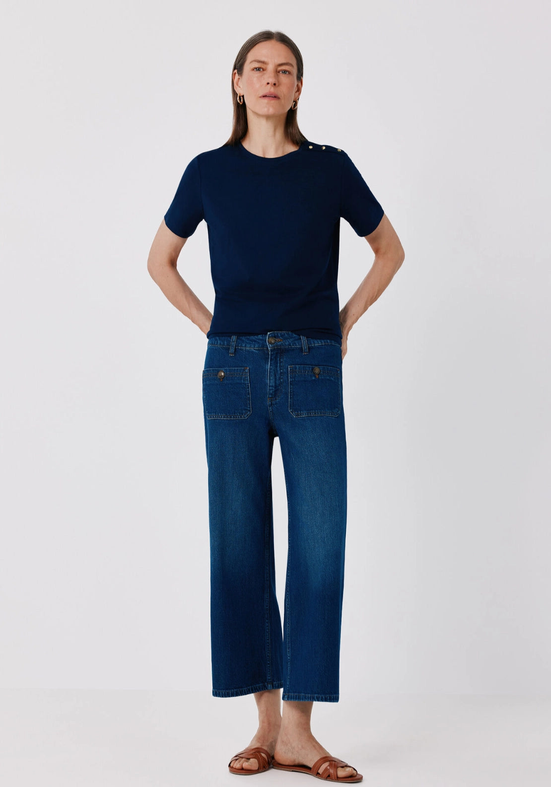 Gold button basic T-shirt - Navy