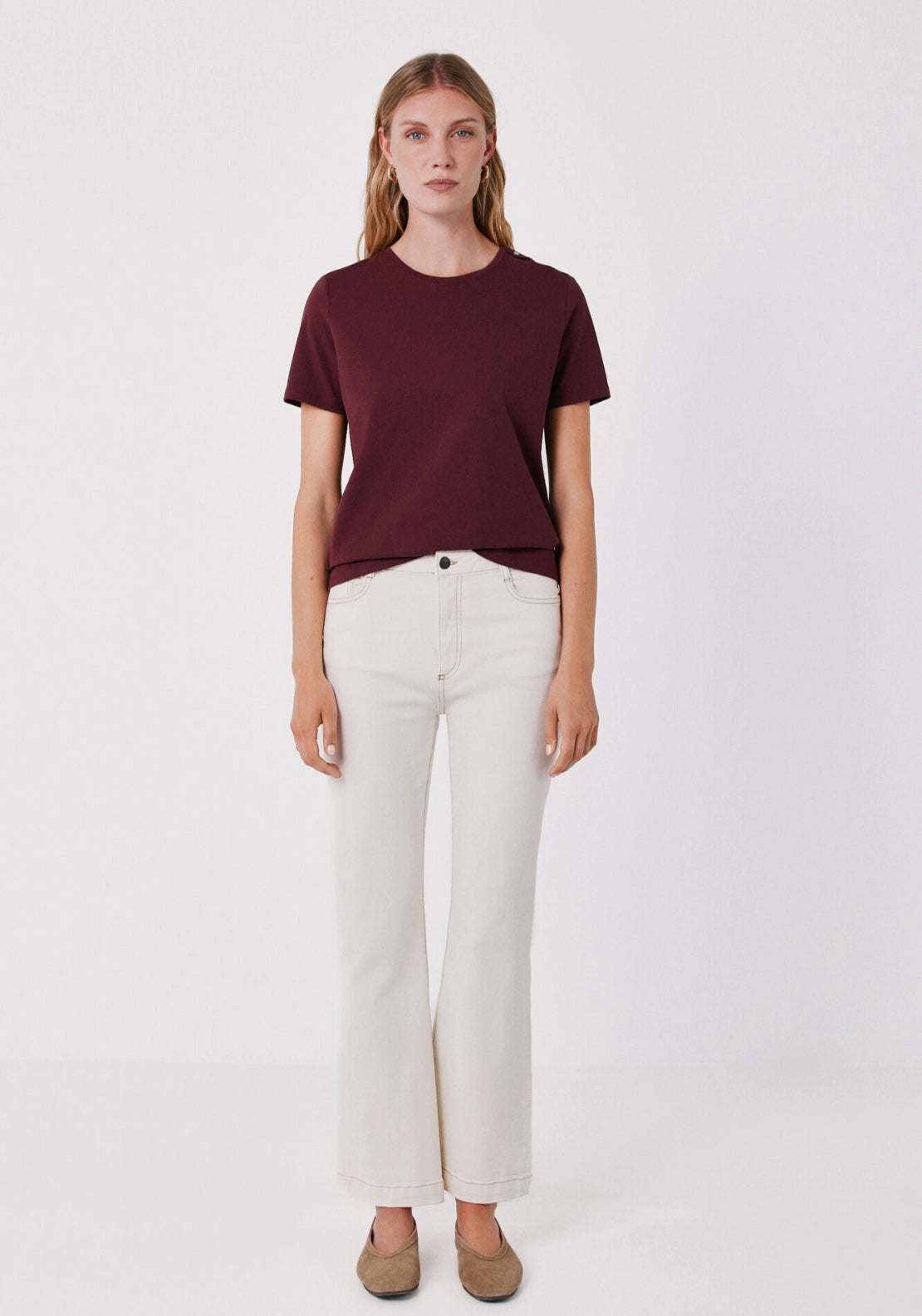 Gold button basic T-shirt - Maroon