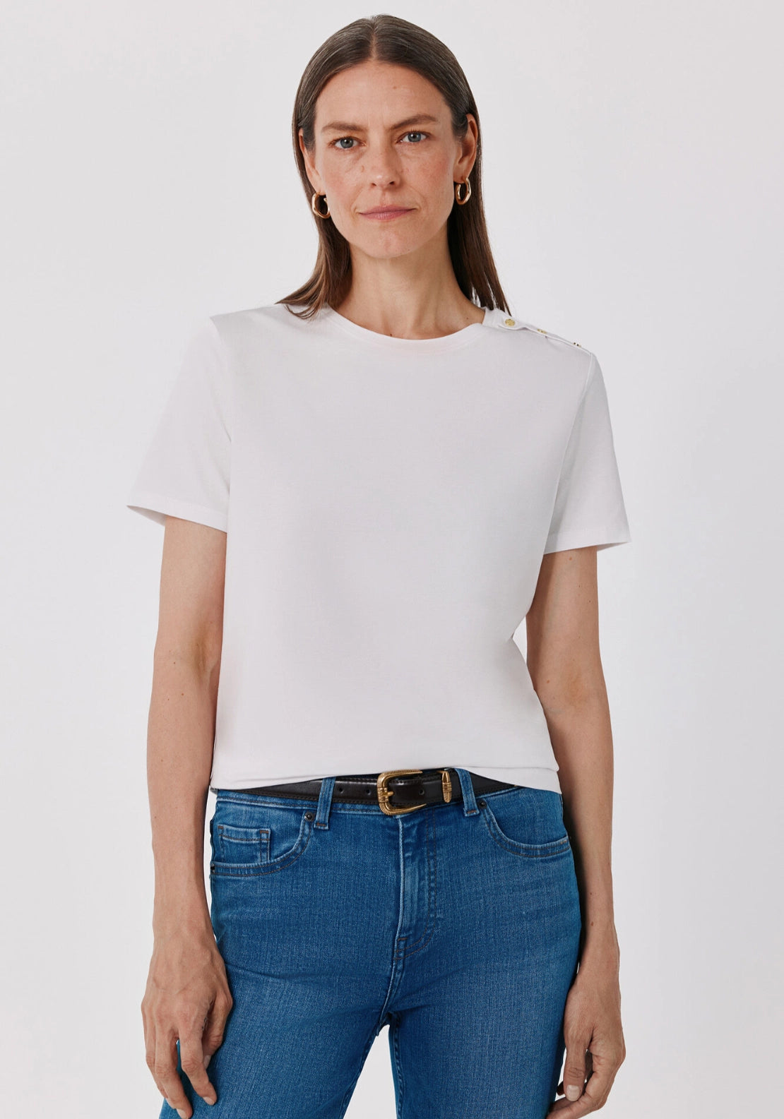 Gold button basic T-shirt - White