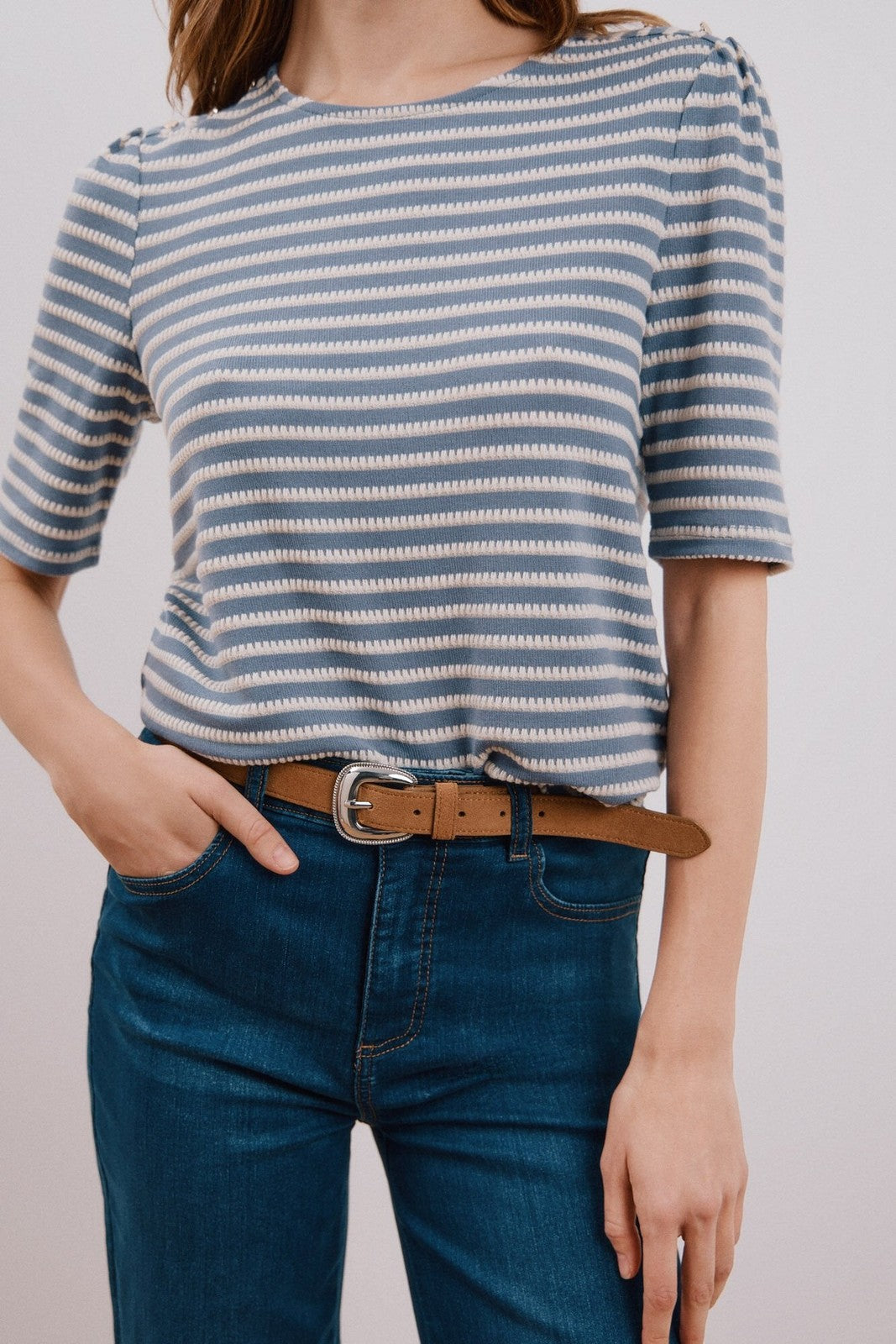 Cortefiel Striped structured t-shirt - Medium Blue 3 Shaws Department Stores