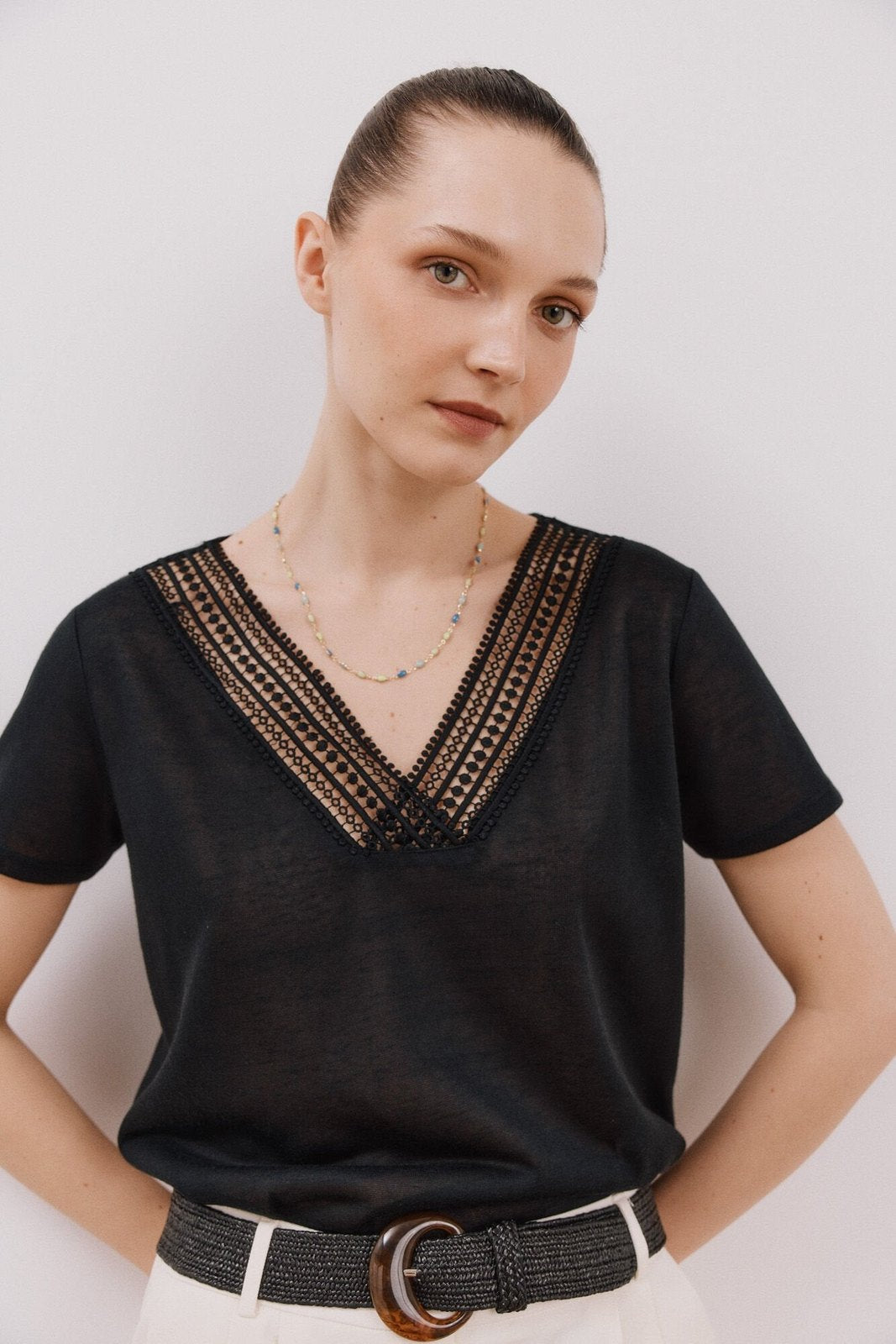 Cortefiel V -Shirt With Trimmings - Black 1 Shaws Department Stores