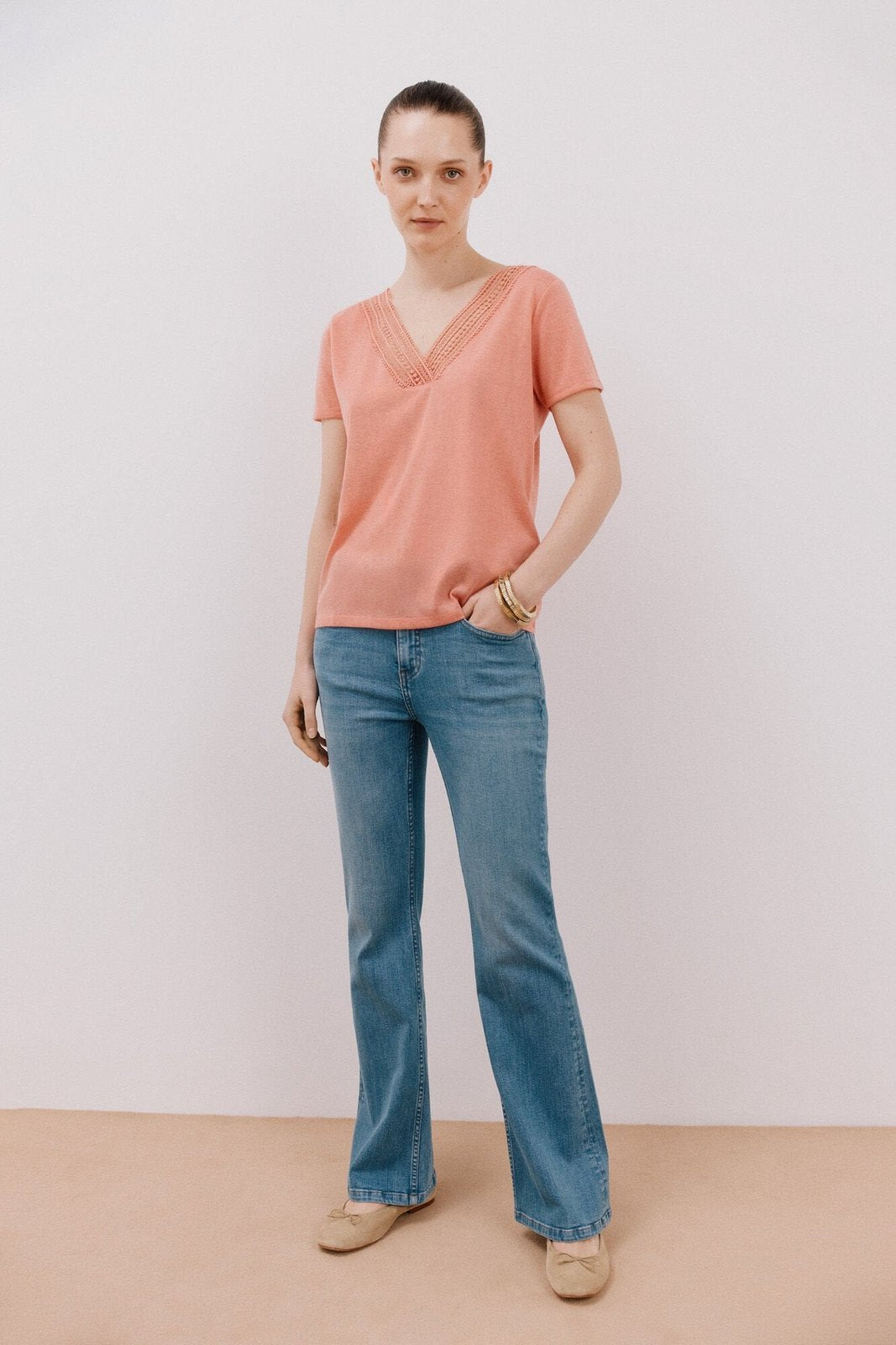 Cortefiel V -Shirt With Trimmings - Coral 3 Shaws Department Stores