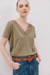 V -Shirt With Trimmings - Light Khaki