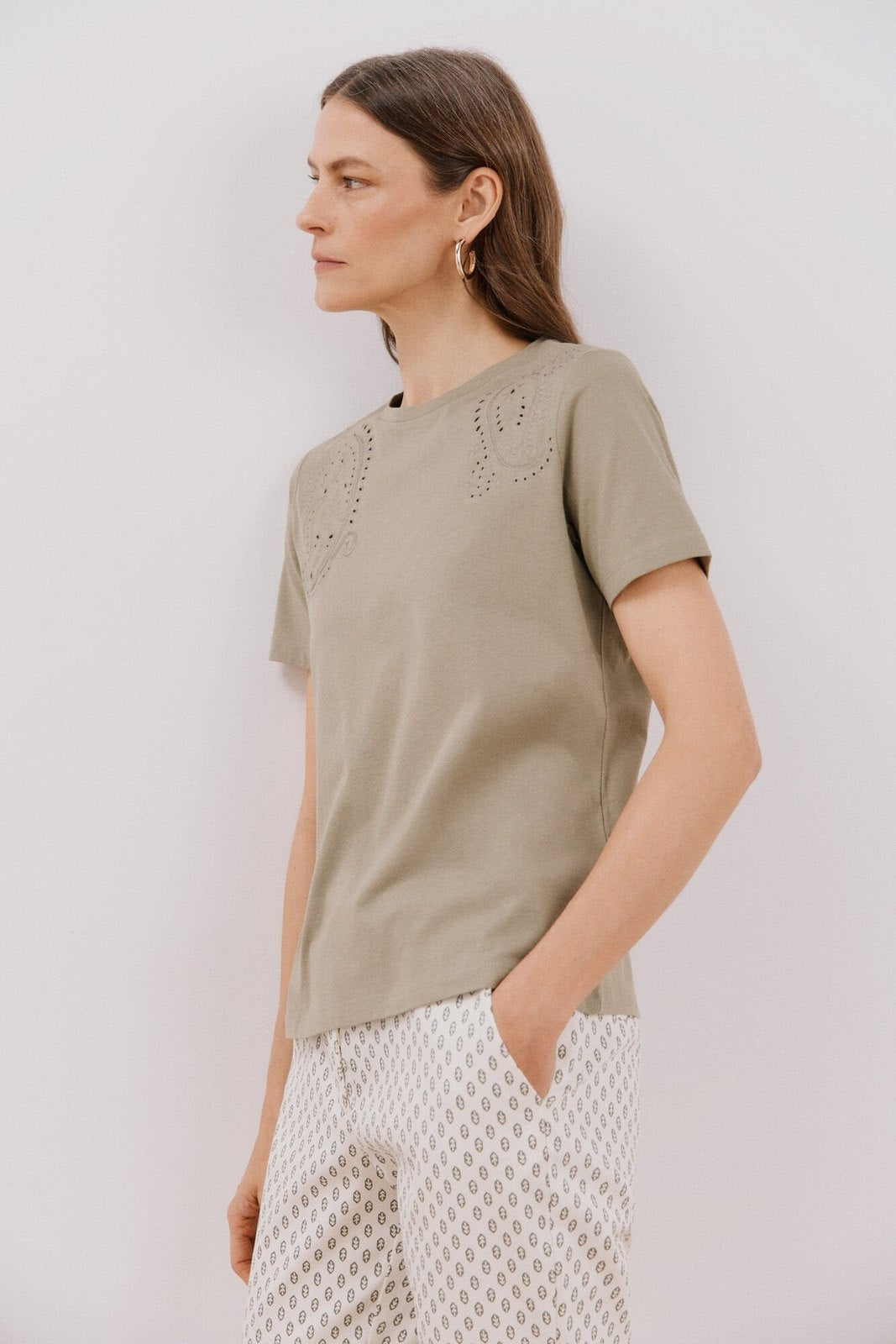 Cortefiel Embroidered T-Shirt - Light Khaki 3 Shaws Department Stores