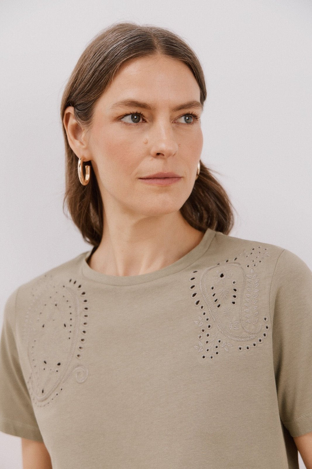 Cortefiel Embroidered T-Shirt - Light Khaki 4 Shaws Department Stores