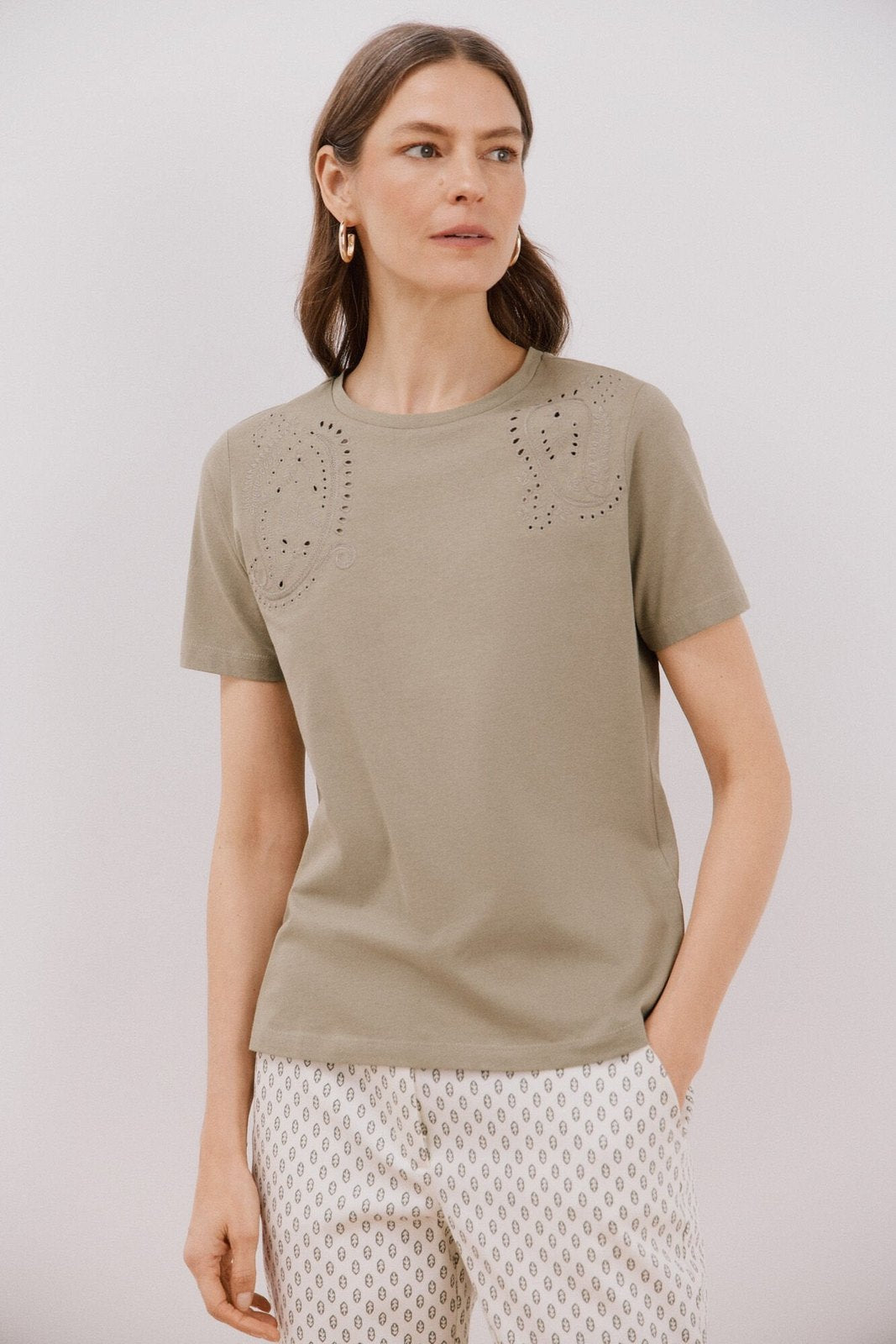 Cortefiel Embroidered T-Shirt - Light Khaki 1 Shaws Department Stores