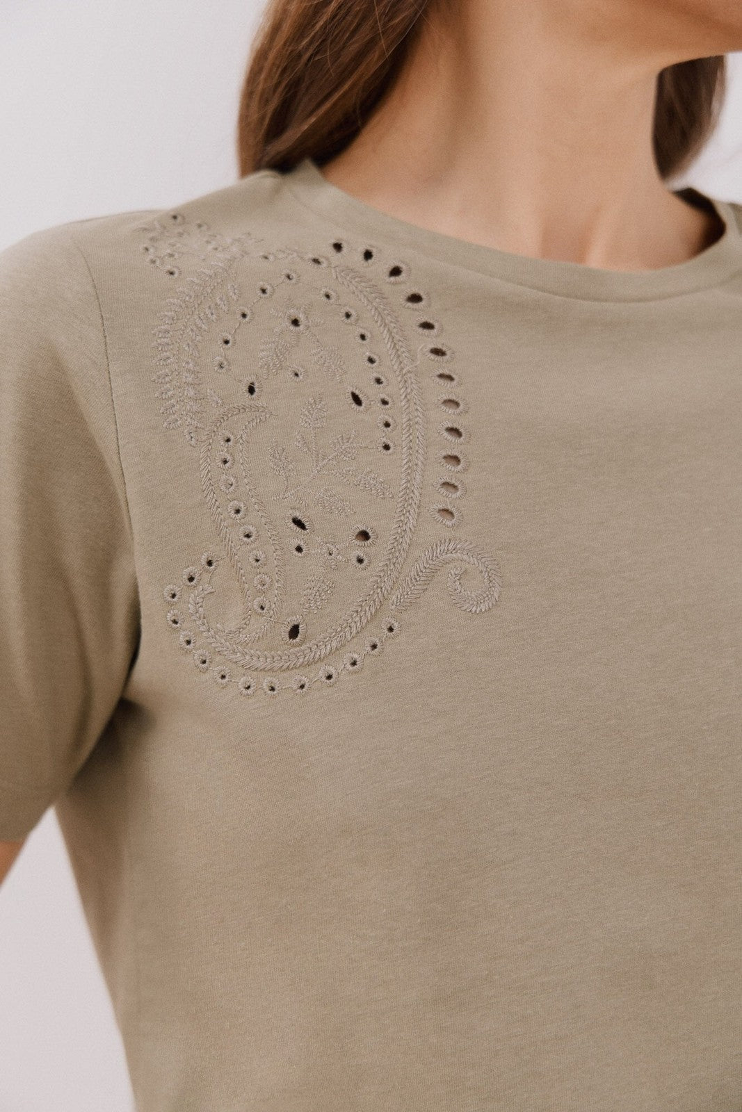 Cortefiel Embroidered T-Shirt - Light Khaki 2 Shaws Department Stores