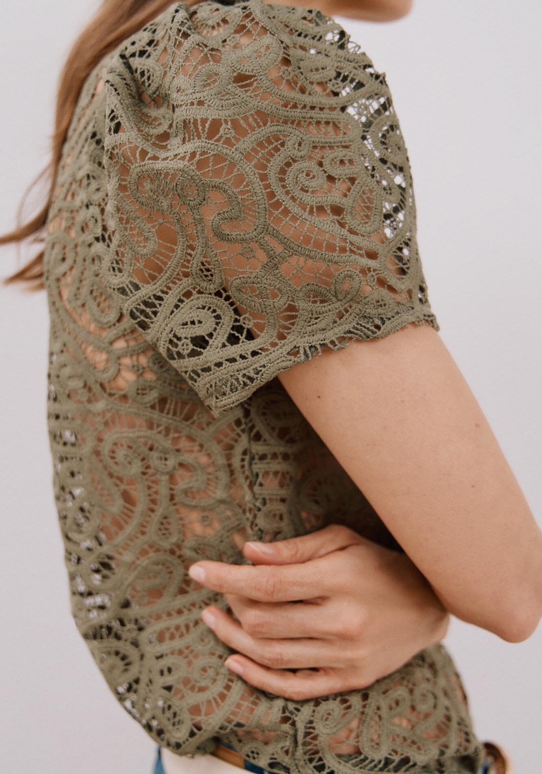 Cortefiel Top Guipur - Light Khaki 2 Shaws Department Stores