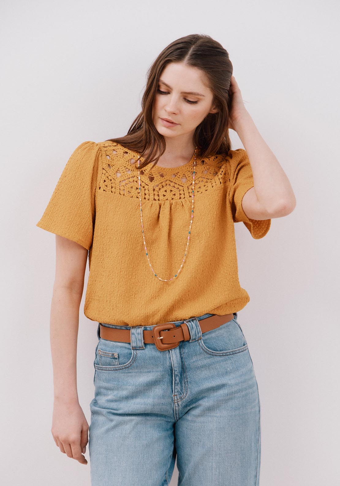 Cortefiel Combined Guipure Top - Yellow/gold 1 Shaws Department Stores