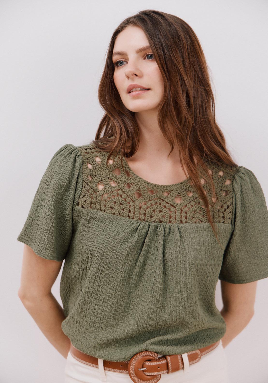 Cortefiel Combined Guipure Top - Light Khaki 3 Shaws Department Stores