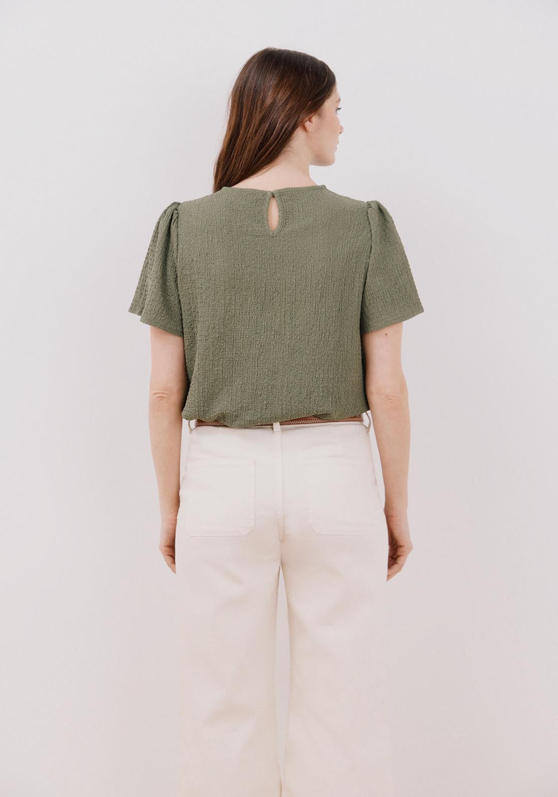 Cortefiel Combined Guipure Top - Light Khaki 2 Shaws Department Stores