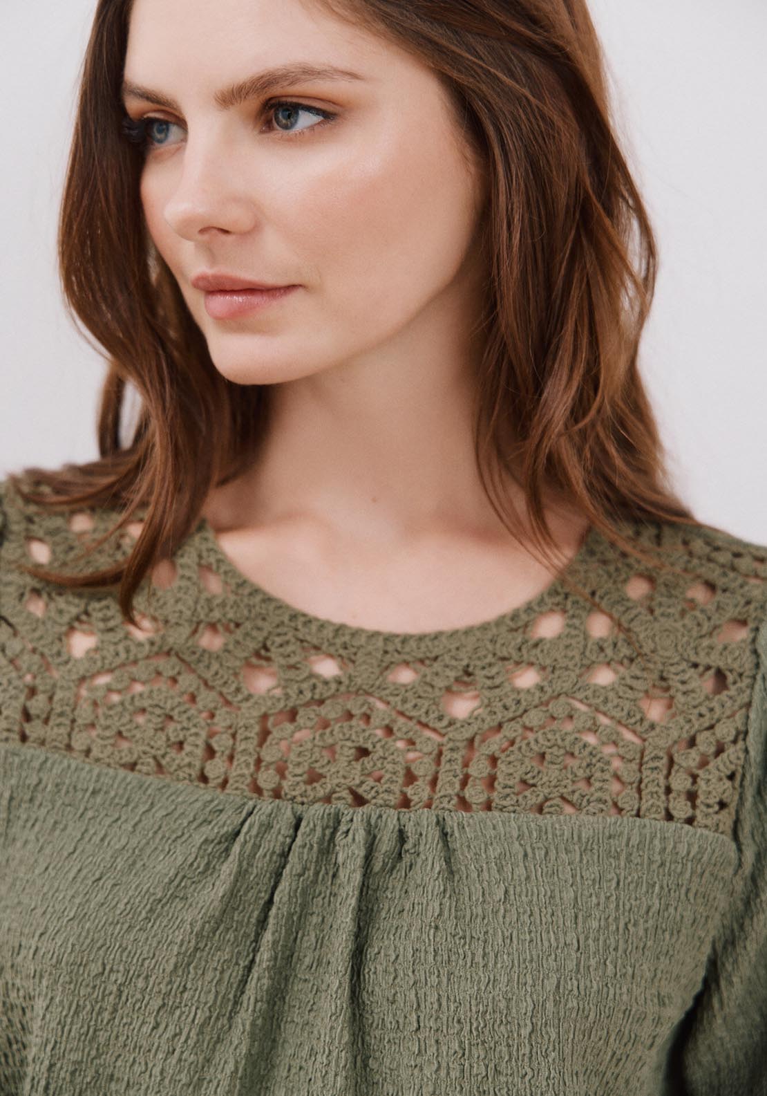 Cortefiel Combined Guipure Top - Light Khaki 6 Shaws Department Stores