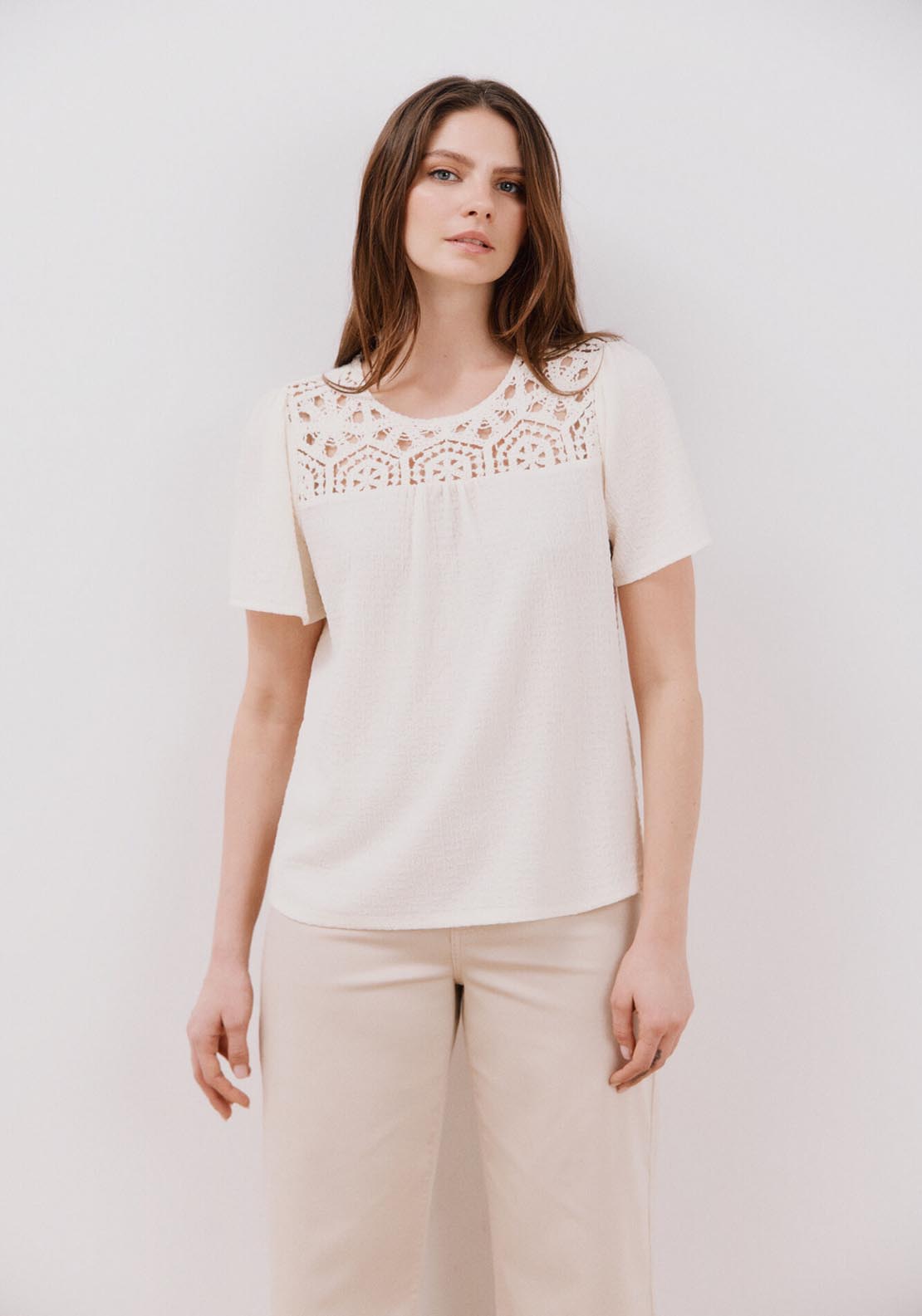 Cortefiel Combined Guipure Top - Ivory 1 Shaws Department Stores