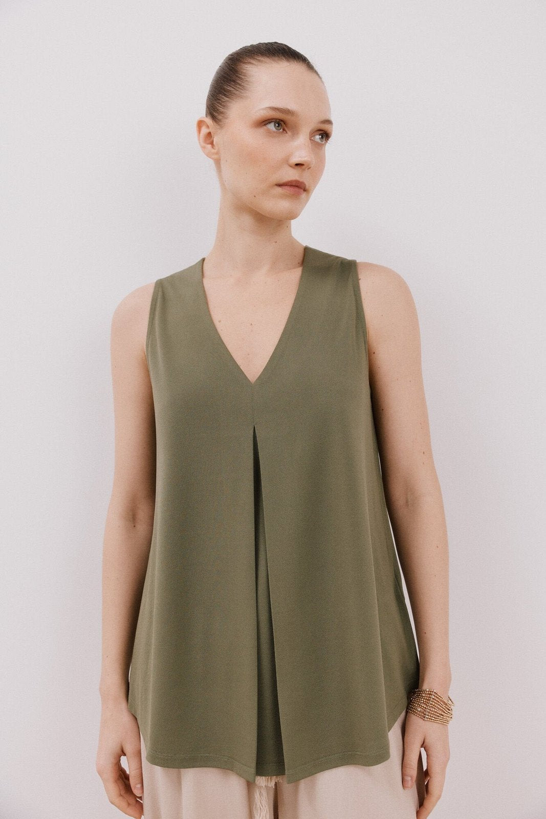 Cortefiel Long Pleated Top - Light Khaki 2 Shaws Department Stores