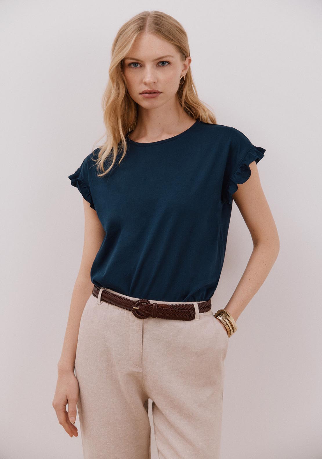 Cortefiel Essential Ruffle T-Shirt - Navy 1 Shaws Department Stores
