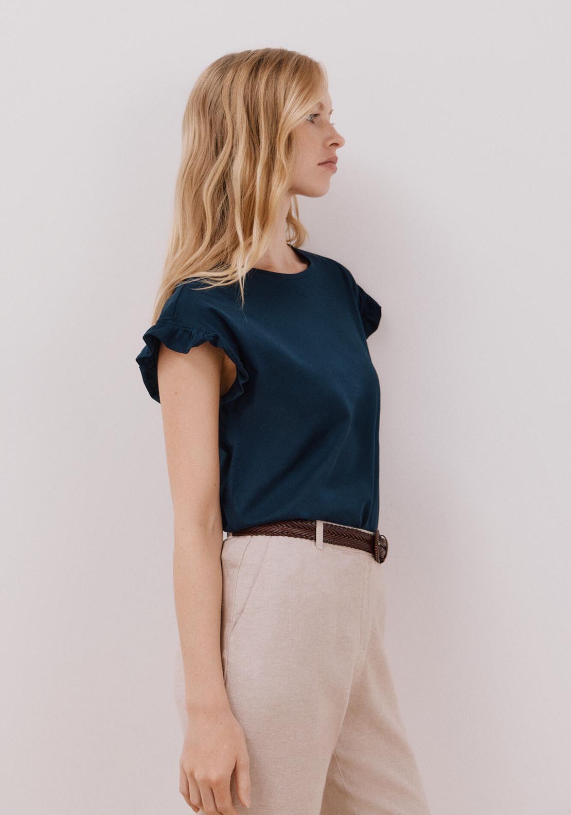 Cortefiel Essential Ruffle T-Shirt - Navy 2 Shaws Department Stores