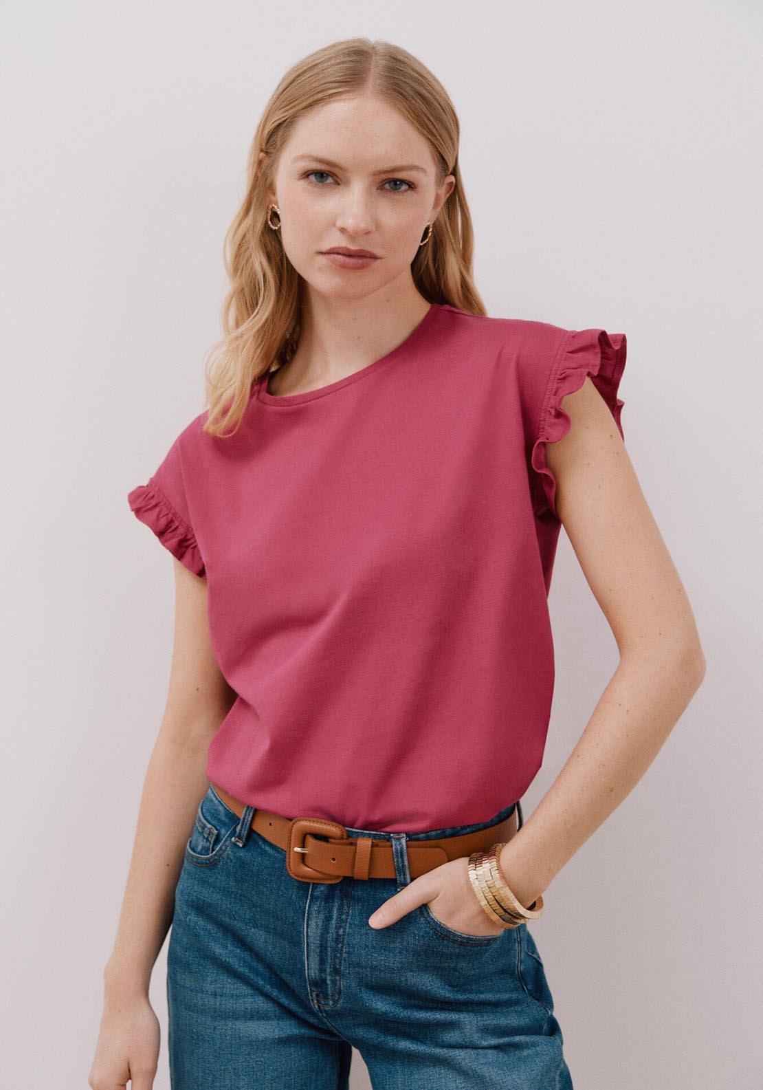 Cortefiel Essential Ruffle T-Shirt - Purple/lilac 1 Shaws Department Stores