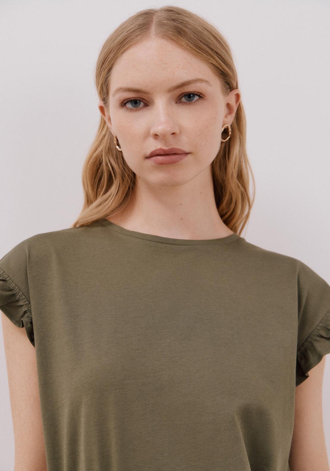 Cortefiel Essential Ruffle T-Shirt - Light Khaki 3 Shaws Department Stores