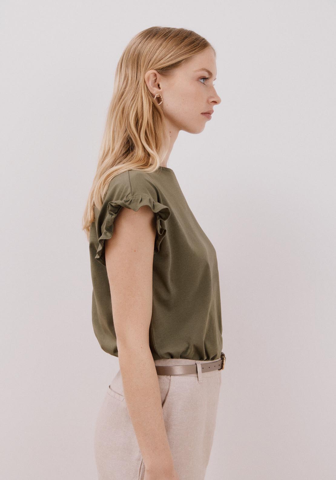Cortefiel Essential Ruffle T-Shirt - Light Khaki 4 Shaws Department Stores