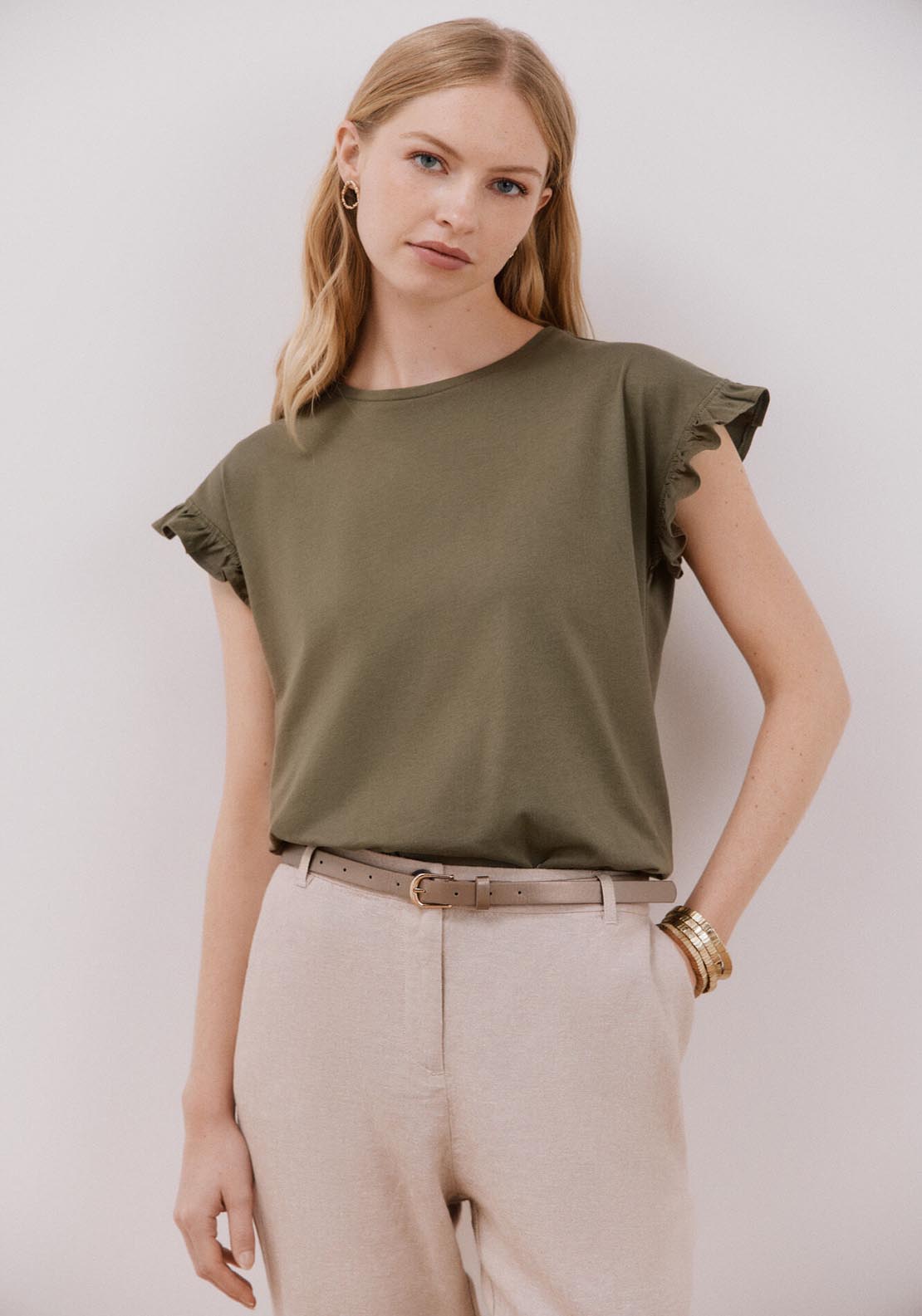 Cortefiel Essential Ruffle T-Shirt - Light Khaki 1 Shaws Department Stores