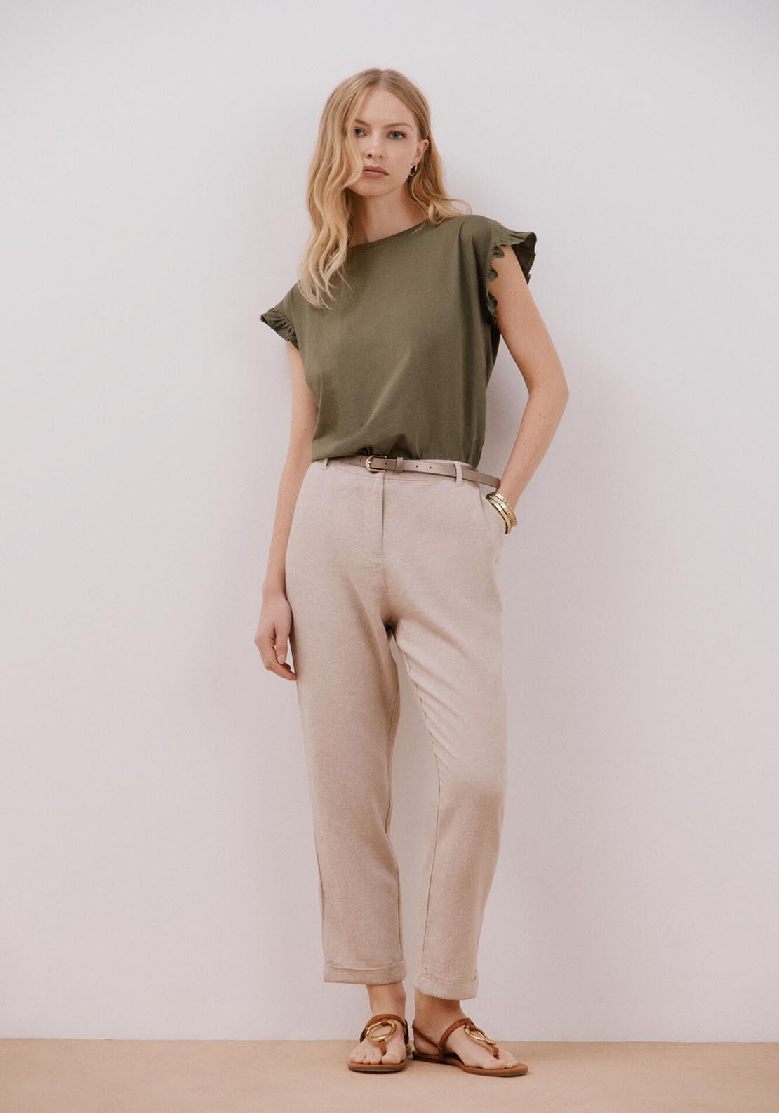Cortefiel Essential Ruffle T-Shirt - Light Khaki 2 Shaws Department Stores