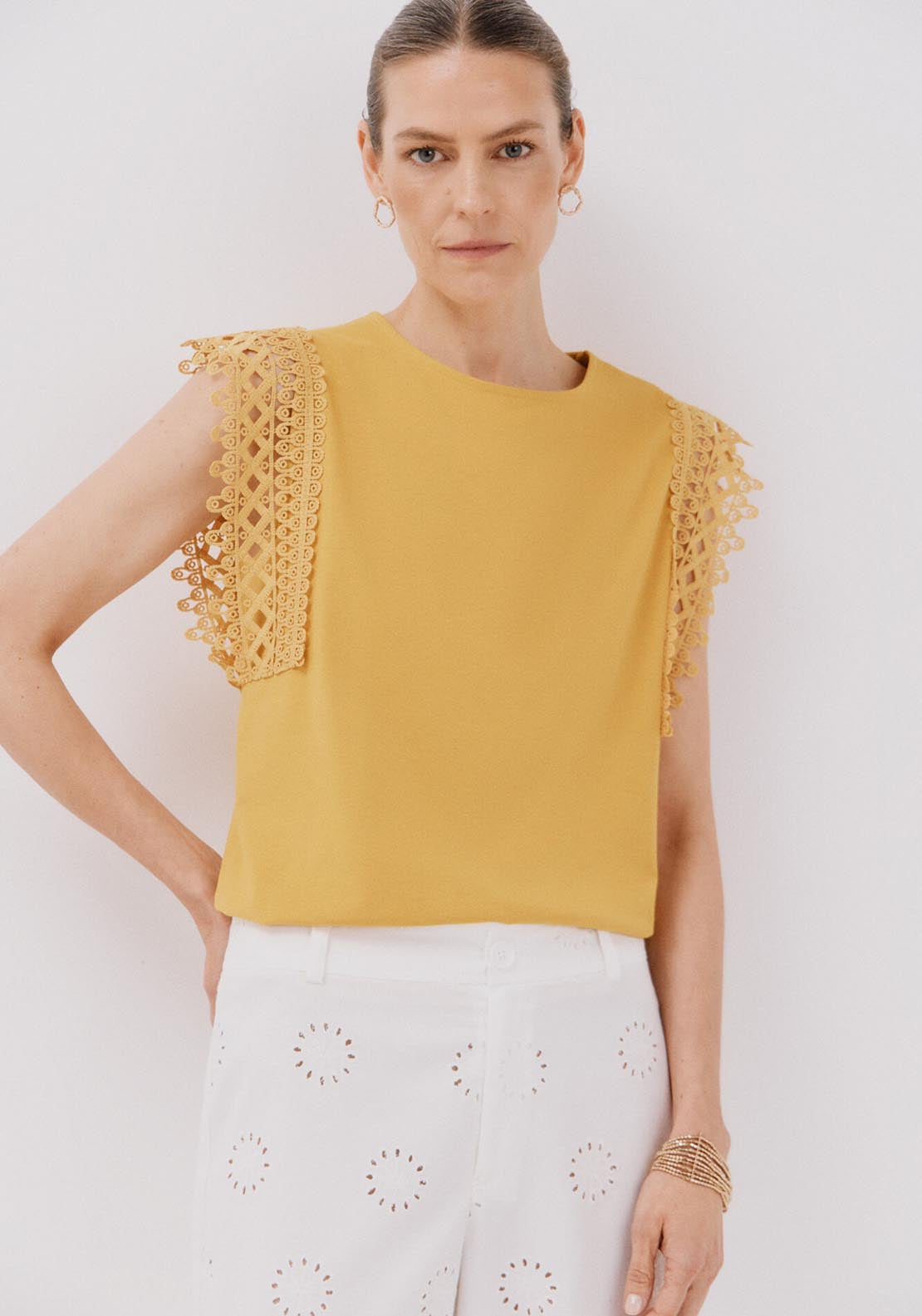 Cortefiel Guipure Sleeve -Shirt - Yellow 1 Shaws Department Stores