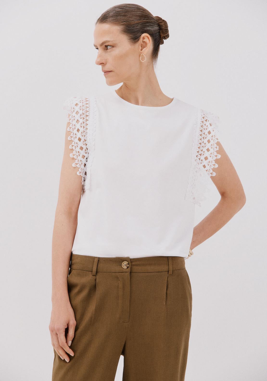 Cortefiel Guipure Sleeve -Shirt - White 1 Shaws Department Stores