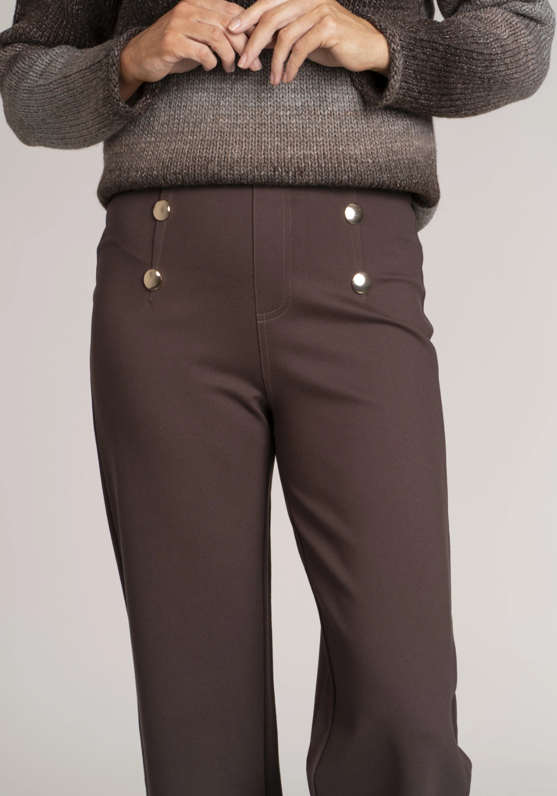 Tea Lane Ponte Button Trouser - Chocolate 4 Shaws Department Stores