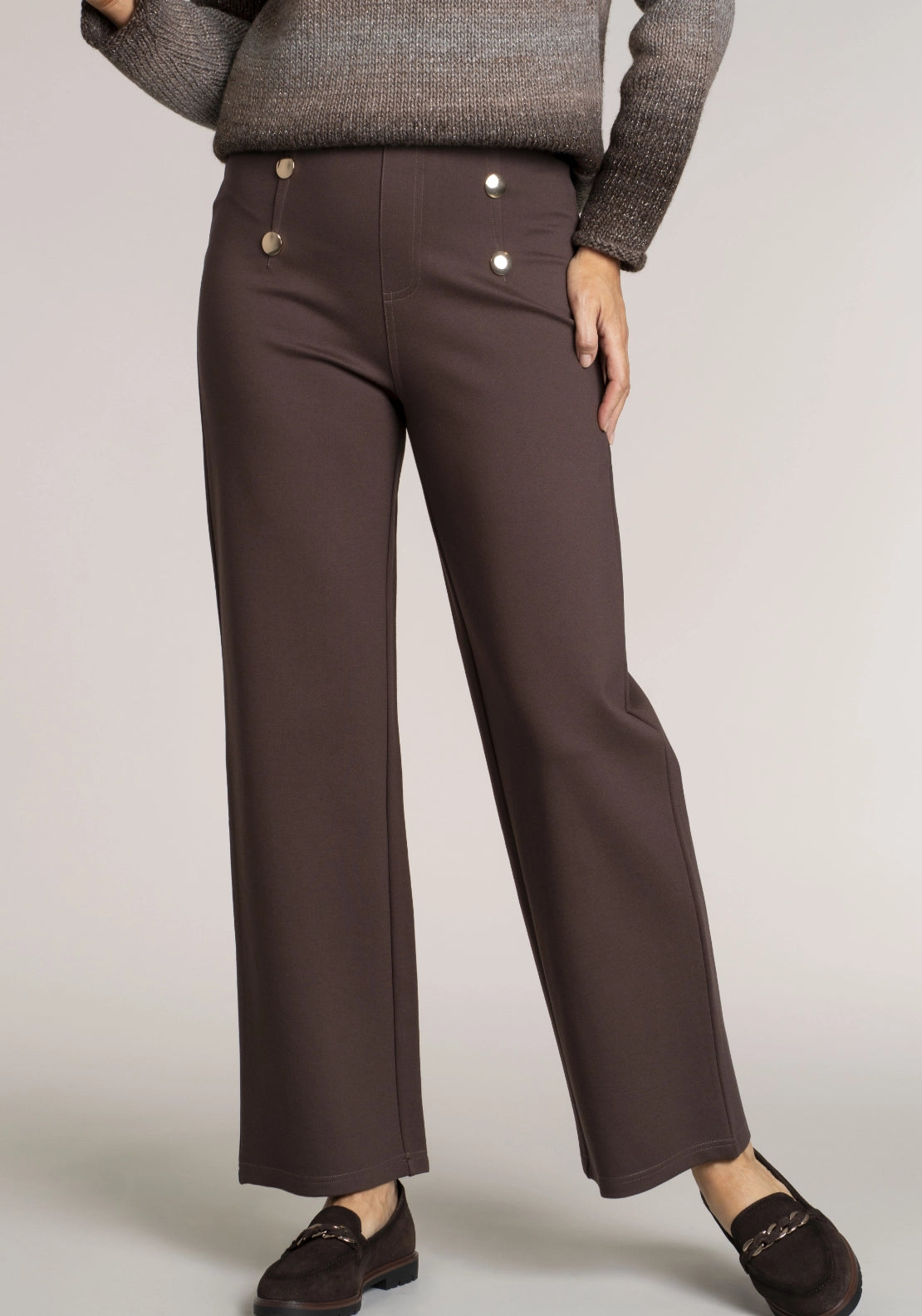 Tea Lane Ponte Button Trouser - Chocolate 1 Shaws Department Stores