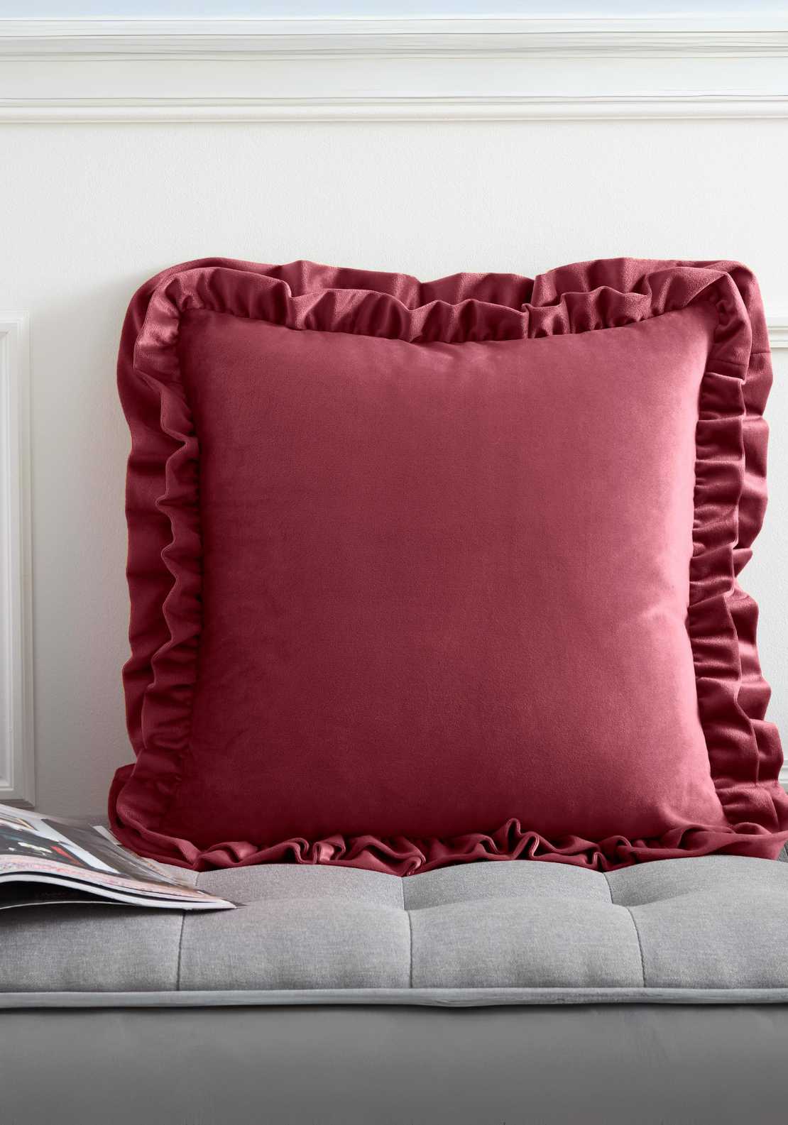 The Home Luxury Collection Reagan Soft Touch Matt Velvet Double Frill Cushion - Raspberry 1 Shaws Department Stores