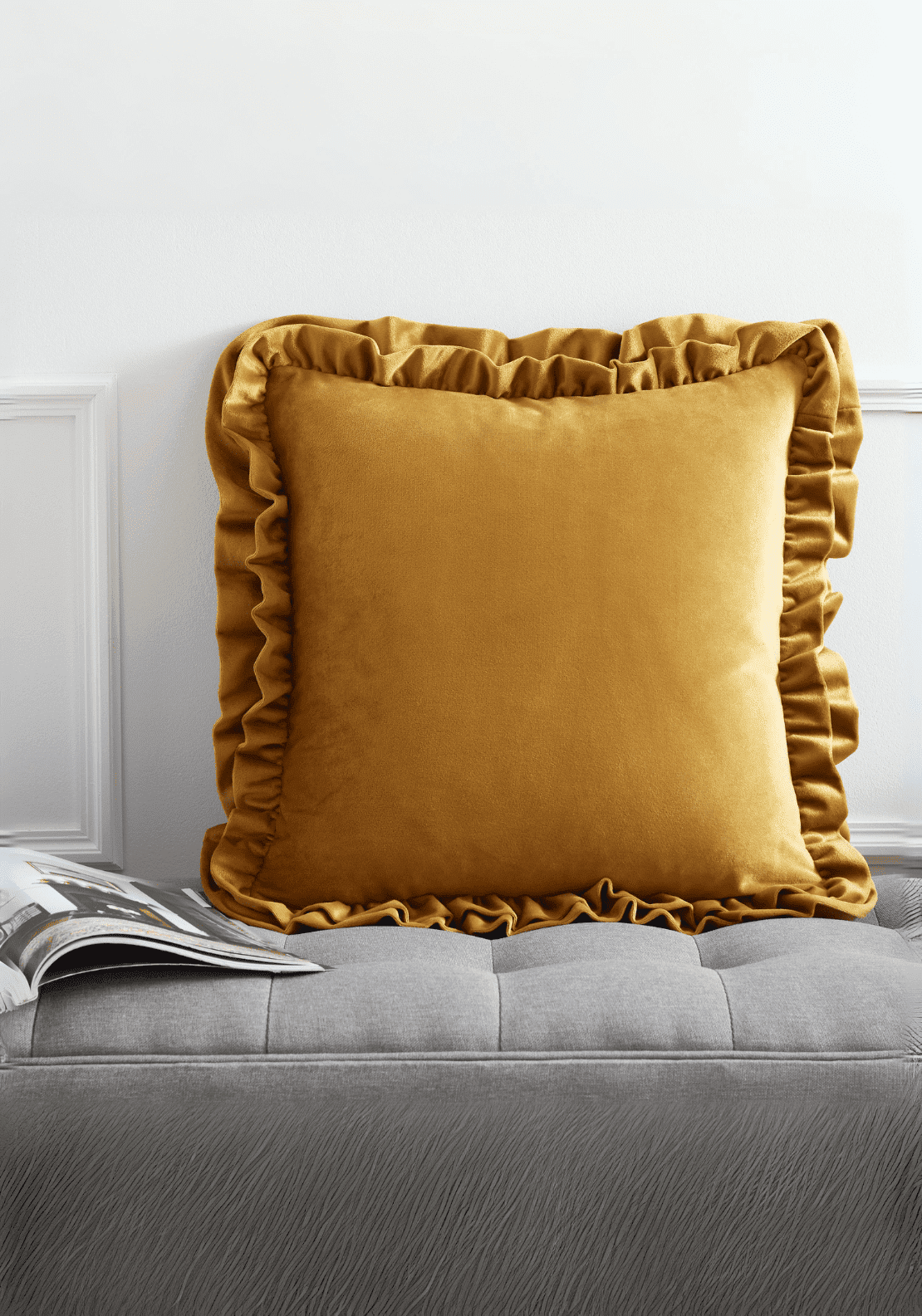 The Home Luxury Collection Reagan Soft Touch Matt Velvet Double Frill Cushion - Mustard Yellow 1 Shaws Department Stores