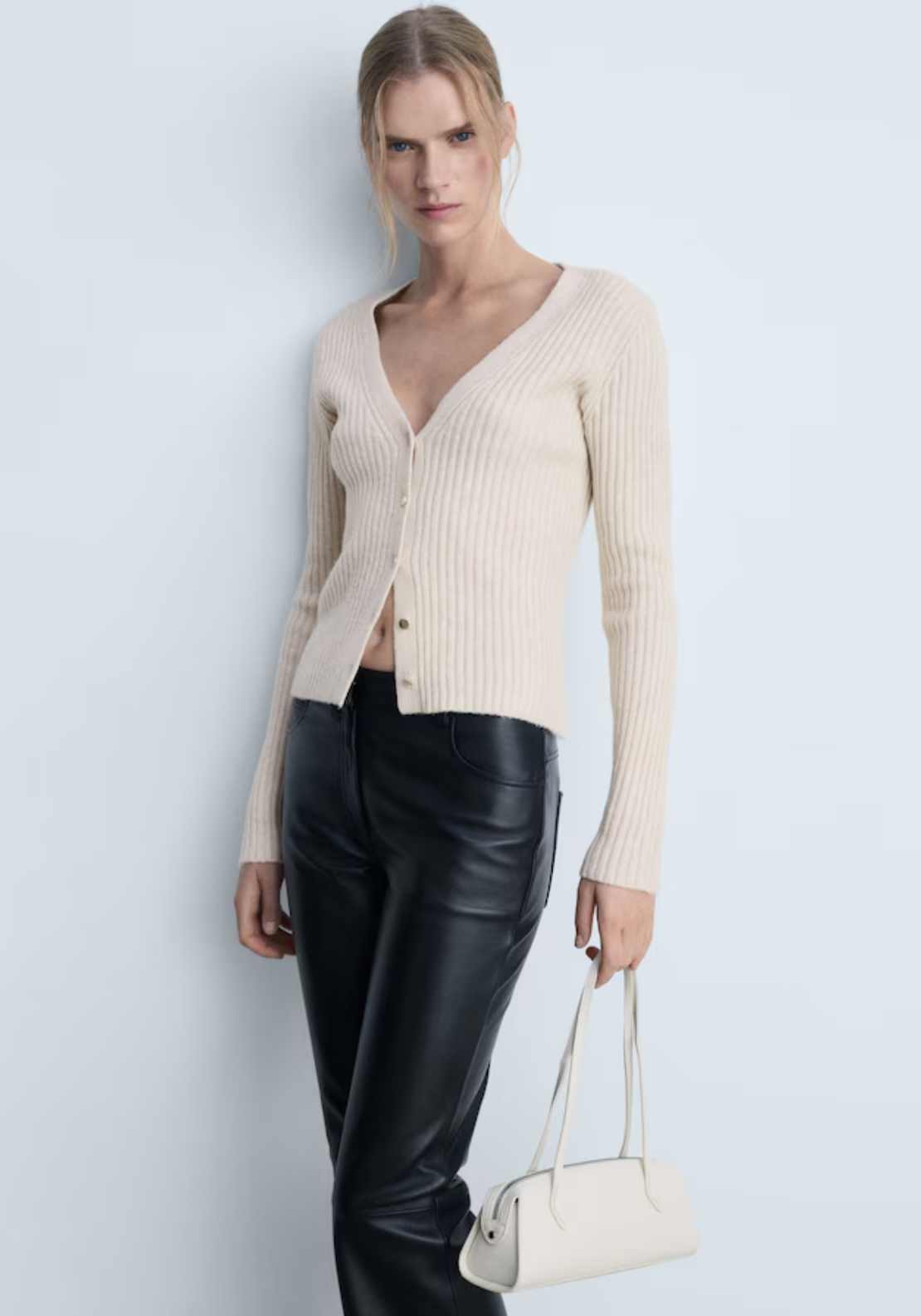 Mango Knitted cardigan with metallic buttons - Light/pastel Gray 1 Shaws Department Stores