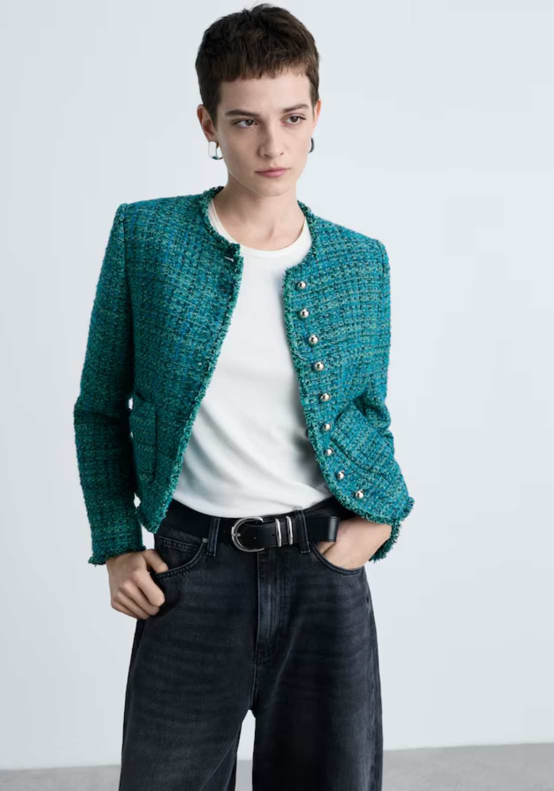 Mango Pocket tweed jacket - Dark Blue 1 Shaws Department Stores