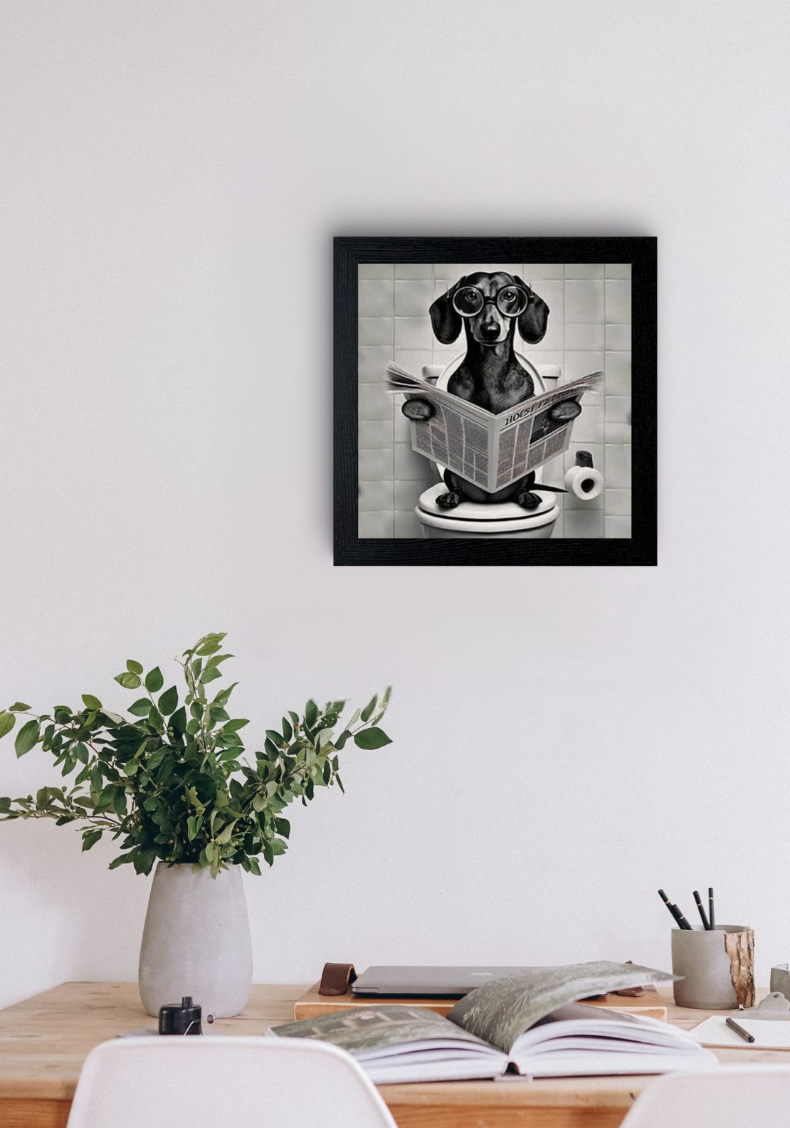 The Home Collection Dachshund On Loo Black &amp; White Framed Picture - Black 2 Shaws Department Stores
