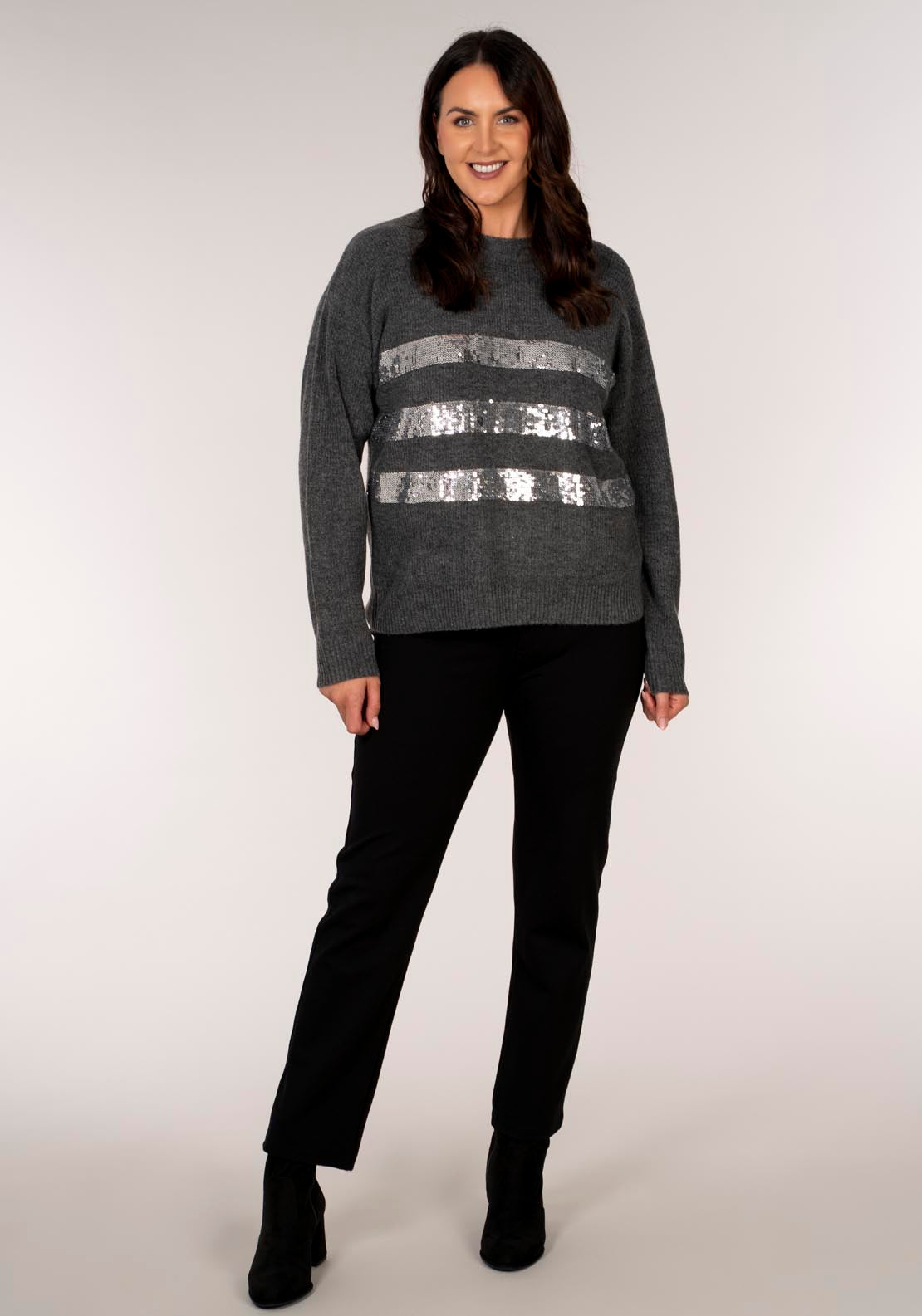 Tea Lane Sparkle Stripe Crew Jumper - Charcoal Marl 5 Shaws Department Stores