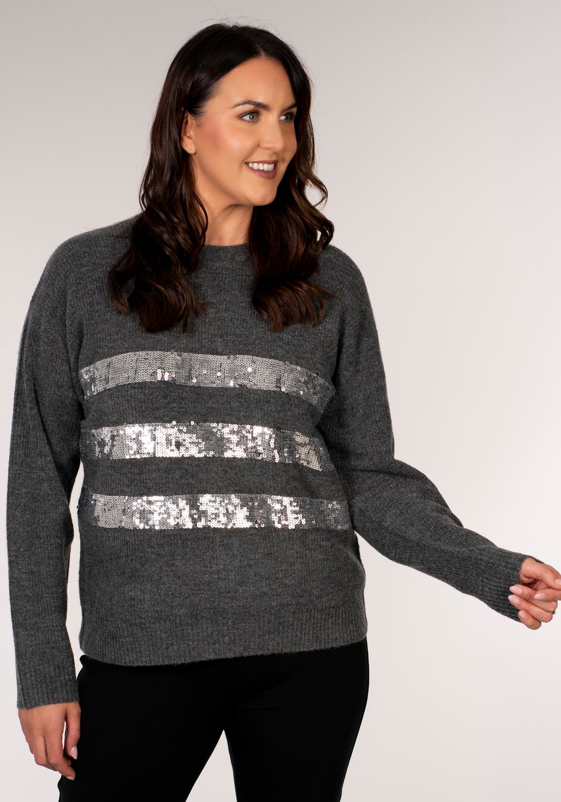 Tea Lane Sparkle Stripe Crew Jumper - Charcoal Marl 4 Shaws Department Stores