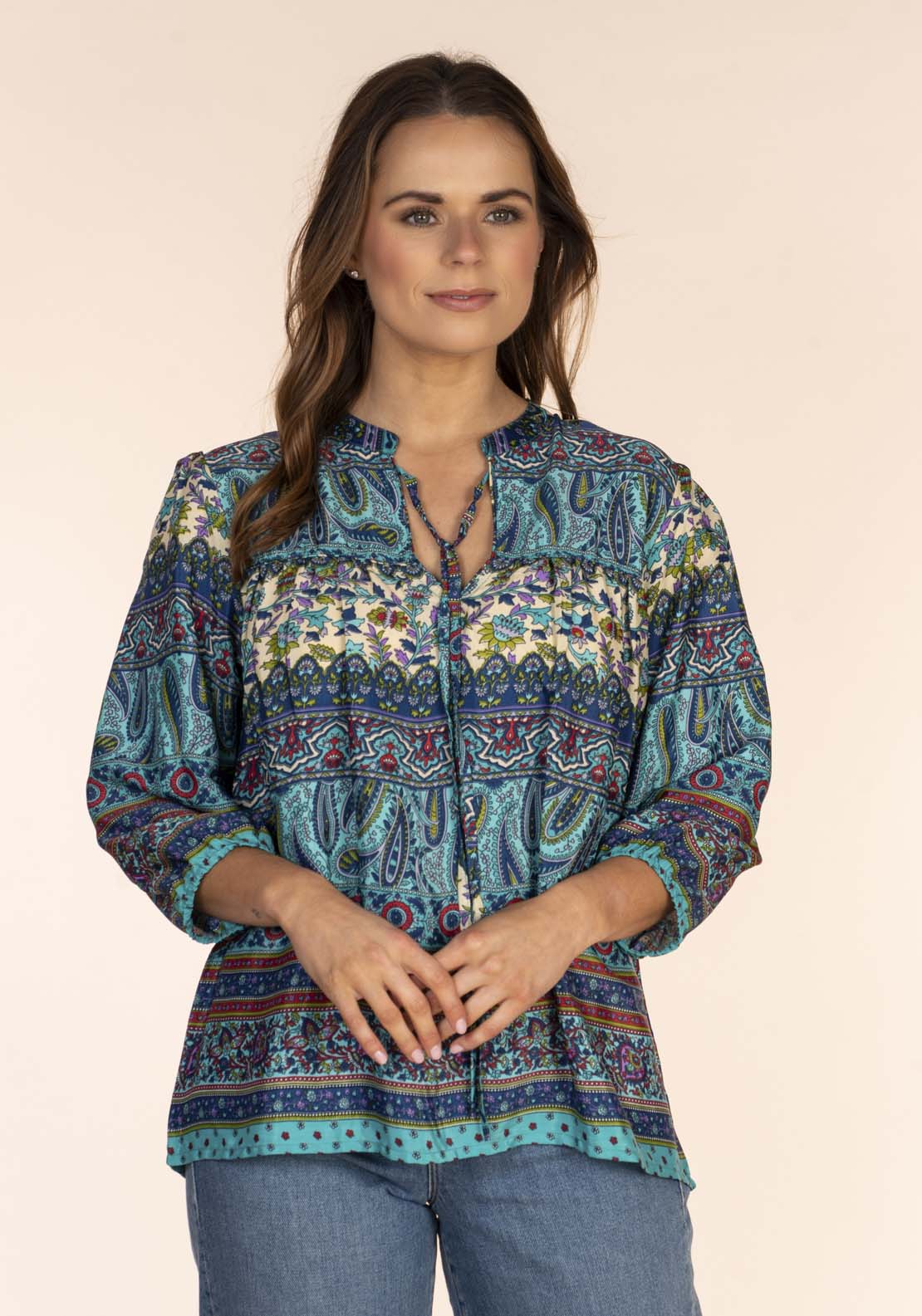 Naoise Art Silk Print Blouse - Blue 3 Shaws Department Stores