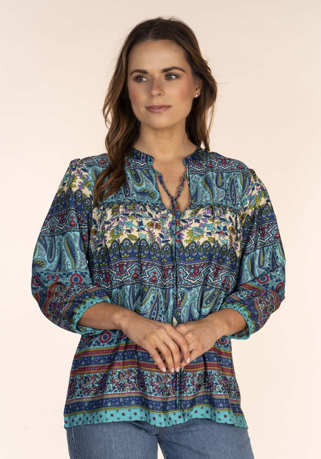 Naoise Art Silk Print Blouse - Blue 1 Shaws Department Stores